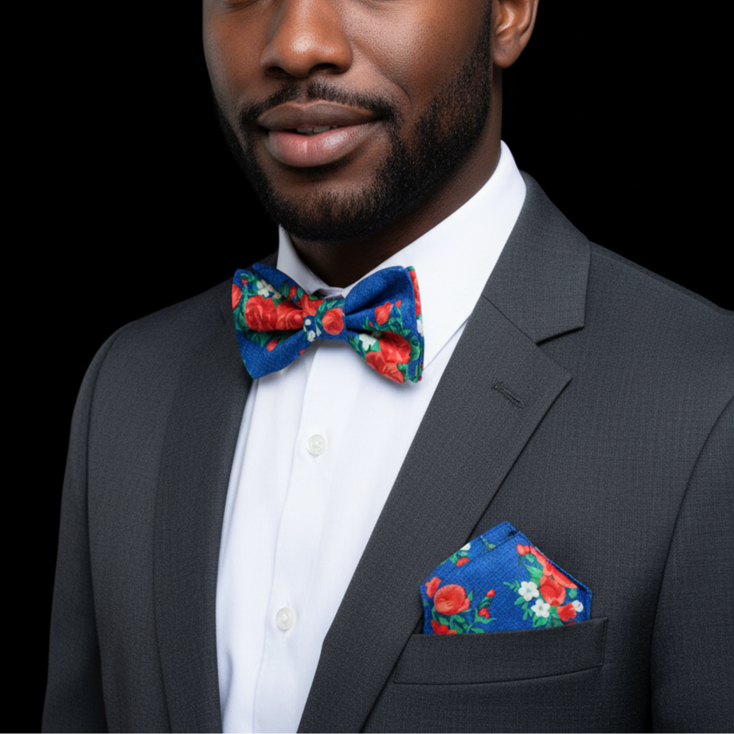 Rich Blue, Red, Green Rose Bunches Bow Tie and Pocket Square||Rich Blue