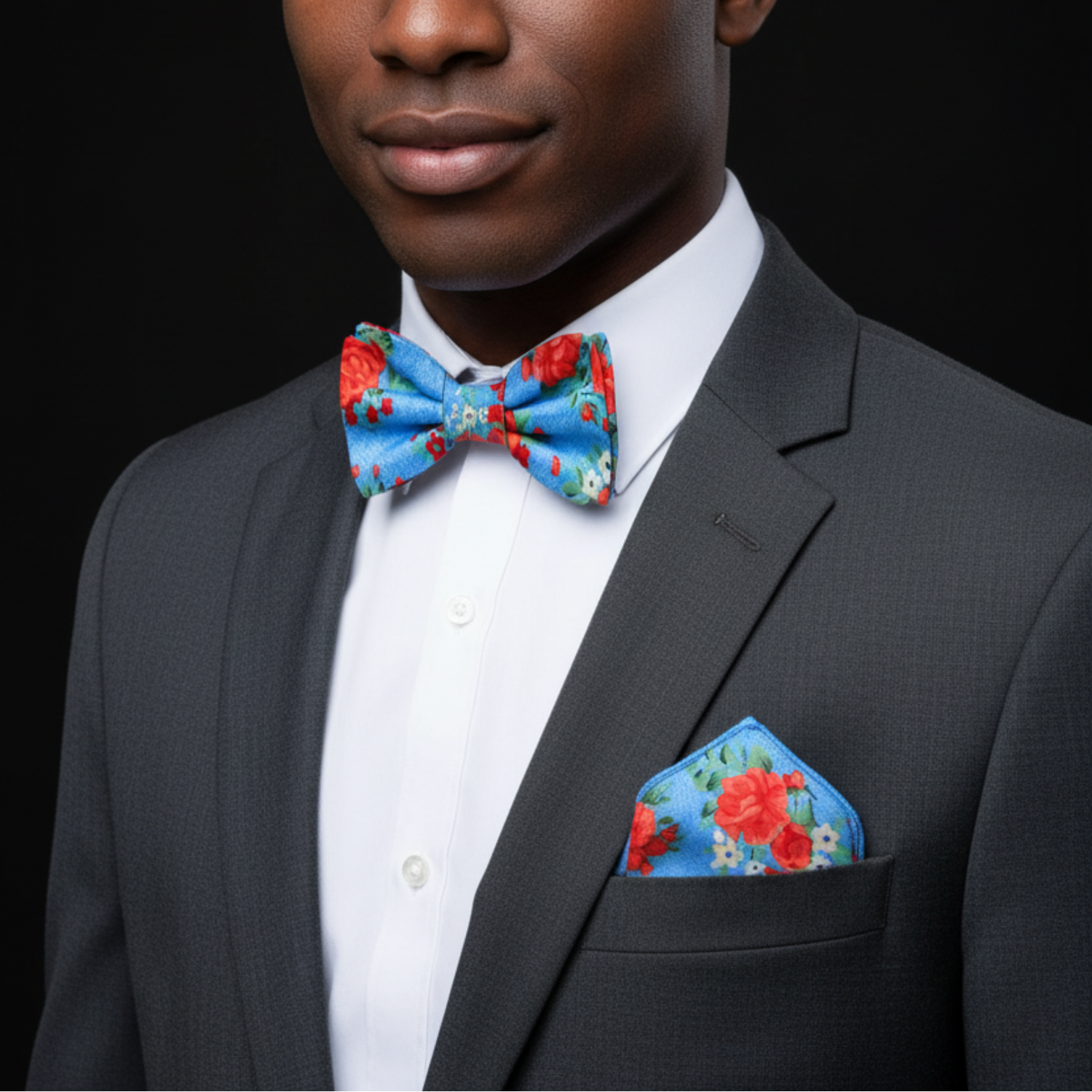 Light Blue, Red, Green Rose Bunches Bow Tie and Pocket Square||Light Blue