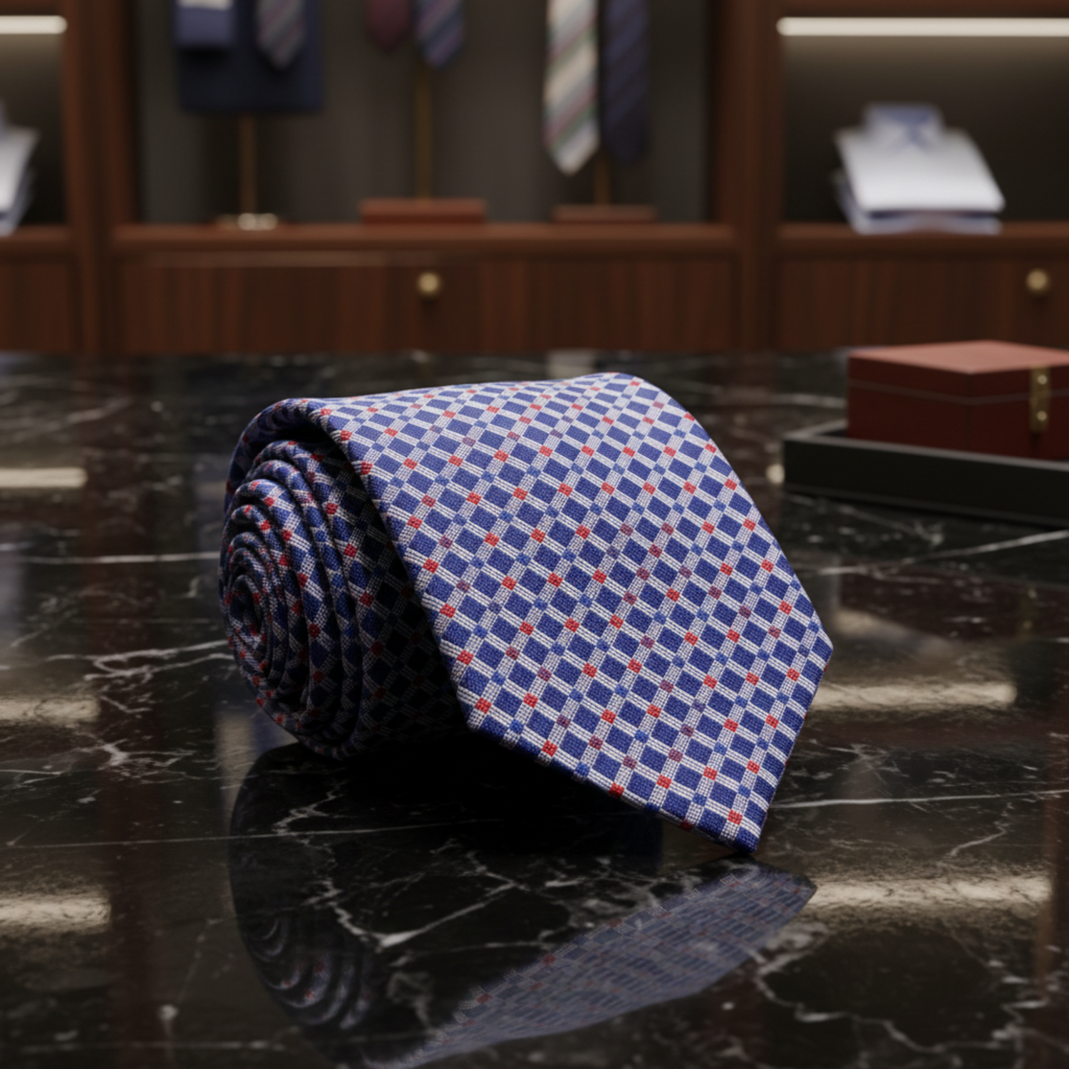 Blue grey and red small check tie