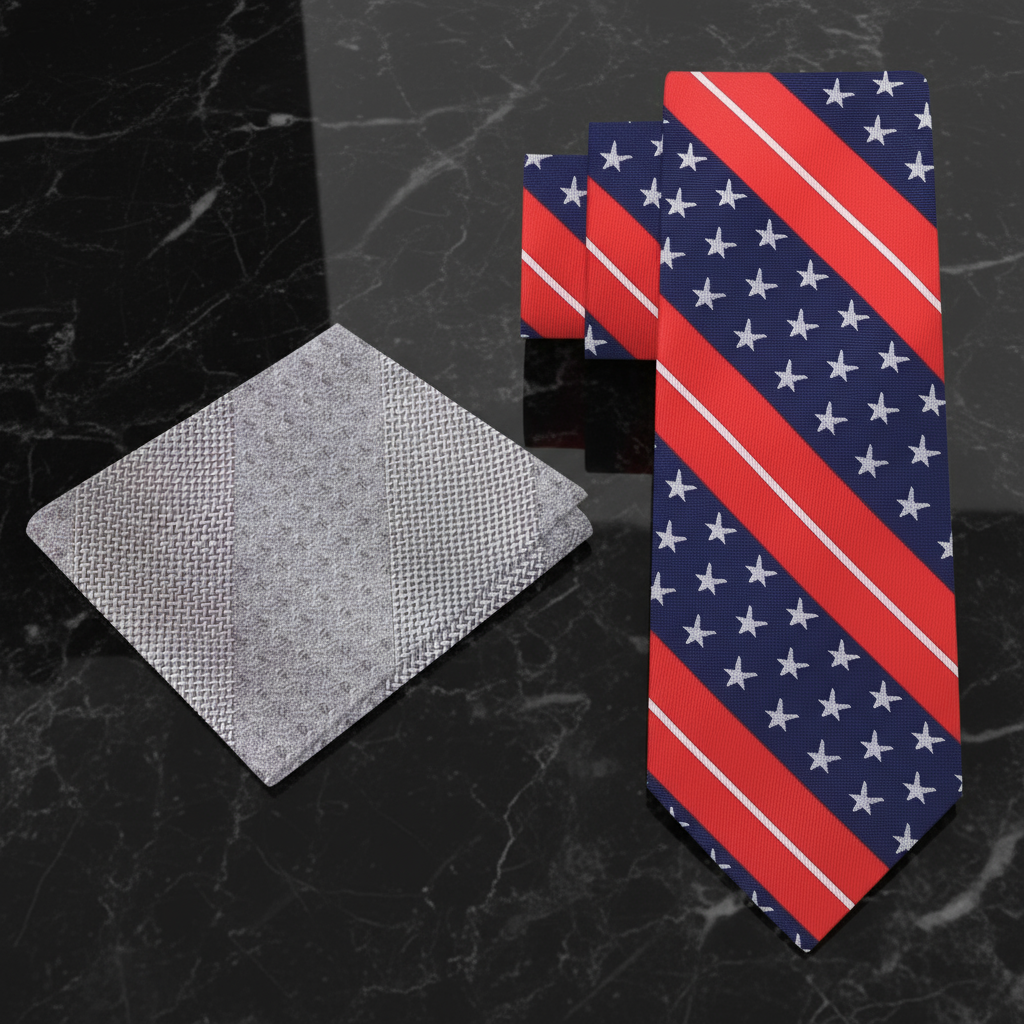 Blue, Red, Grey Stars and Stripes Tie and Accenting Square