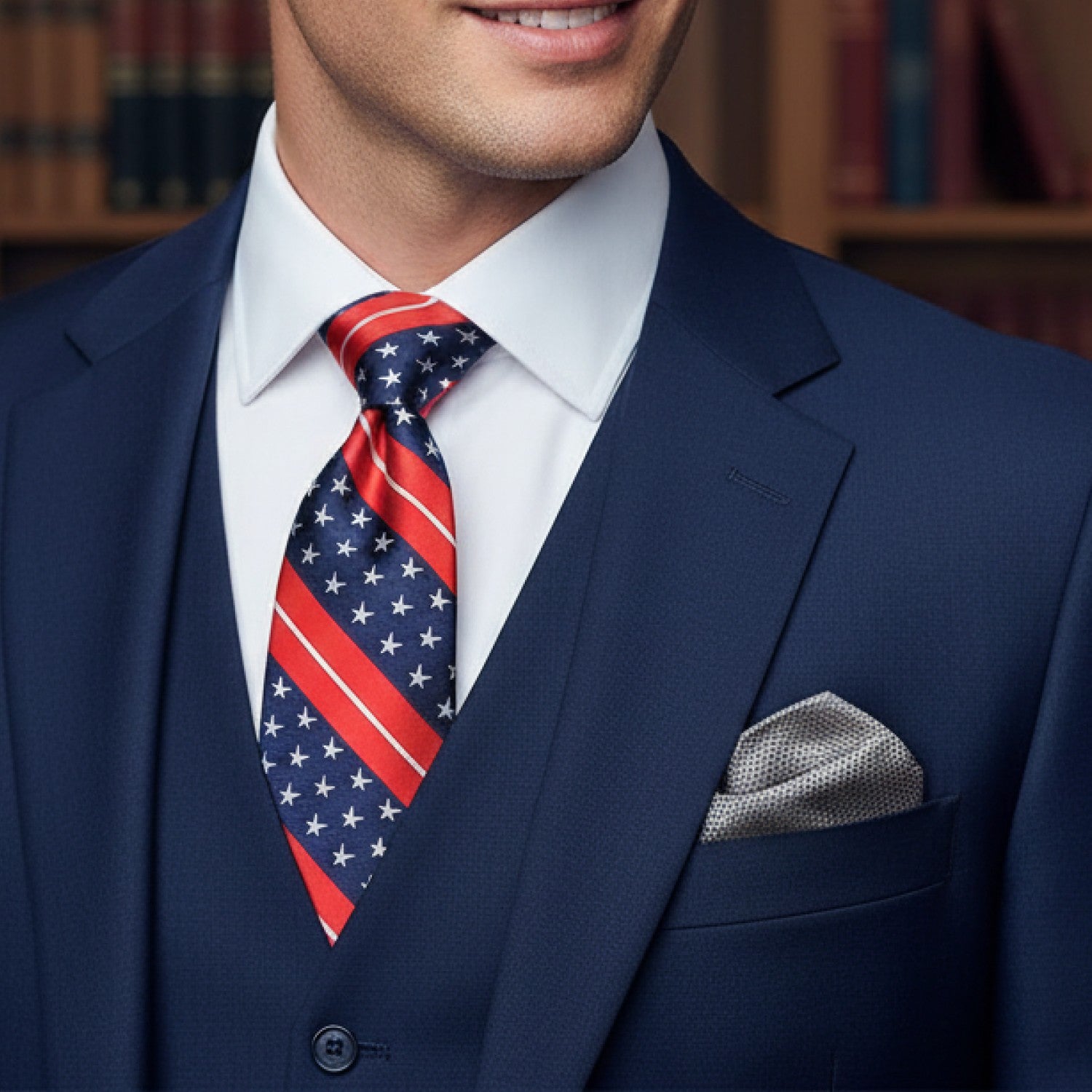 Man wearing a navy suit with an American flag tie and pocket square.