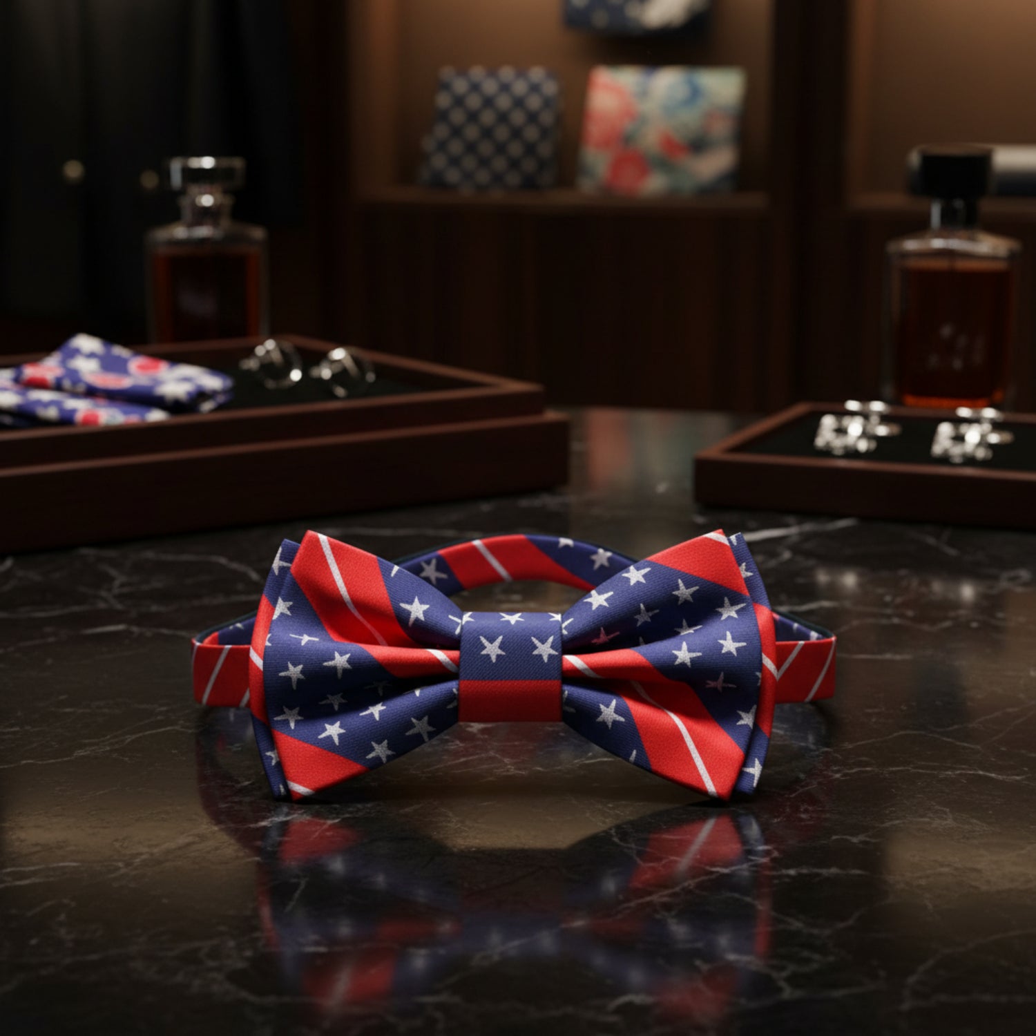 Blue, Red, Grey Stars and stripes Bow Tie Pre Tied