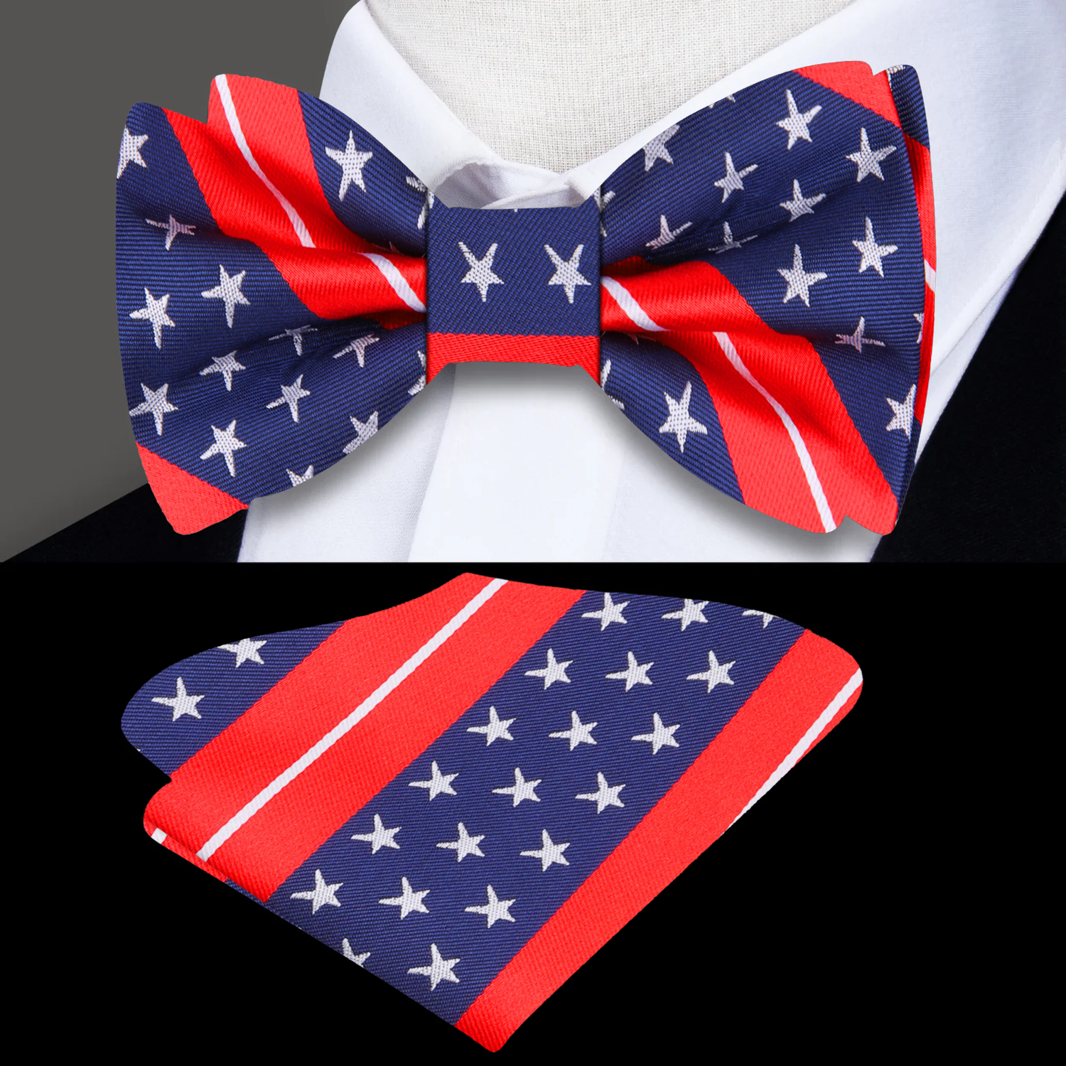 Blue, Red, Grey Stars and stripes Bow Tie and Square