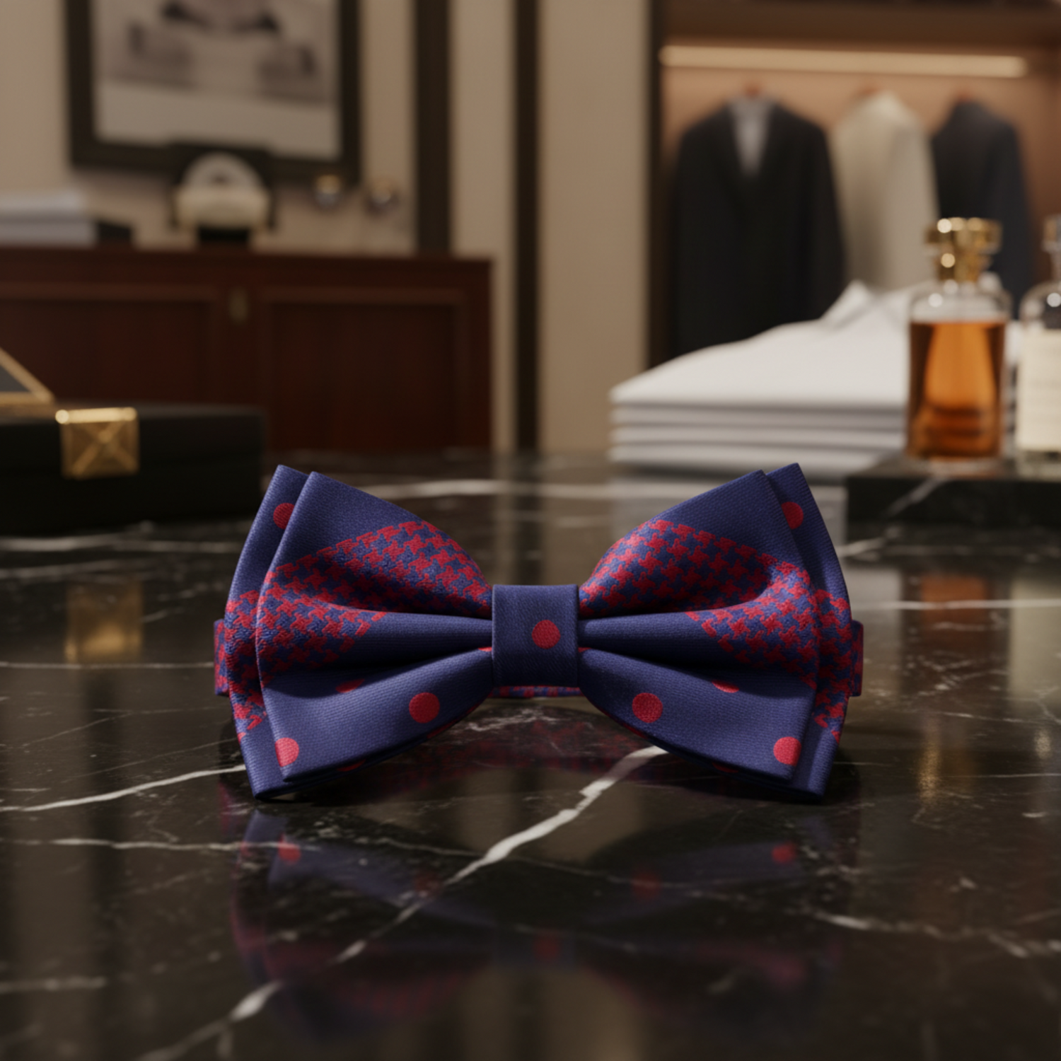 blue red hounds stripe polka bow tie