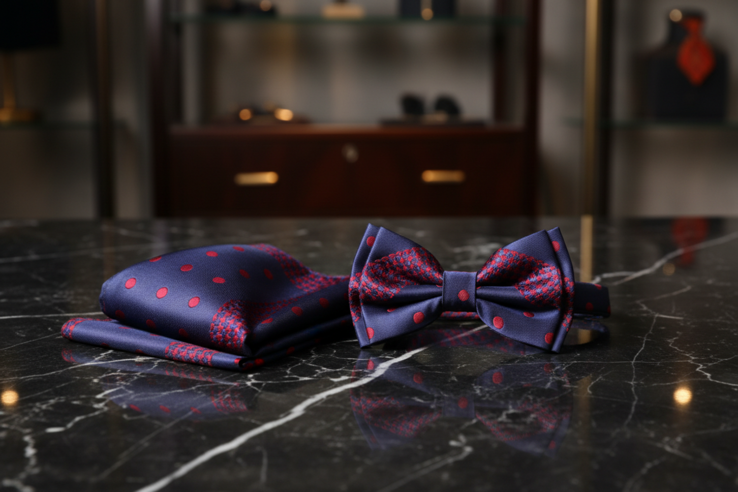 blue red polka stripe bow tie and square on table