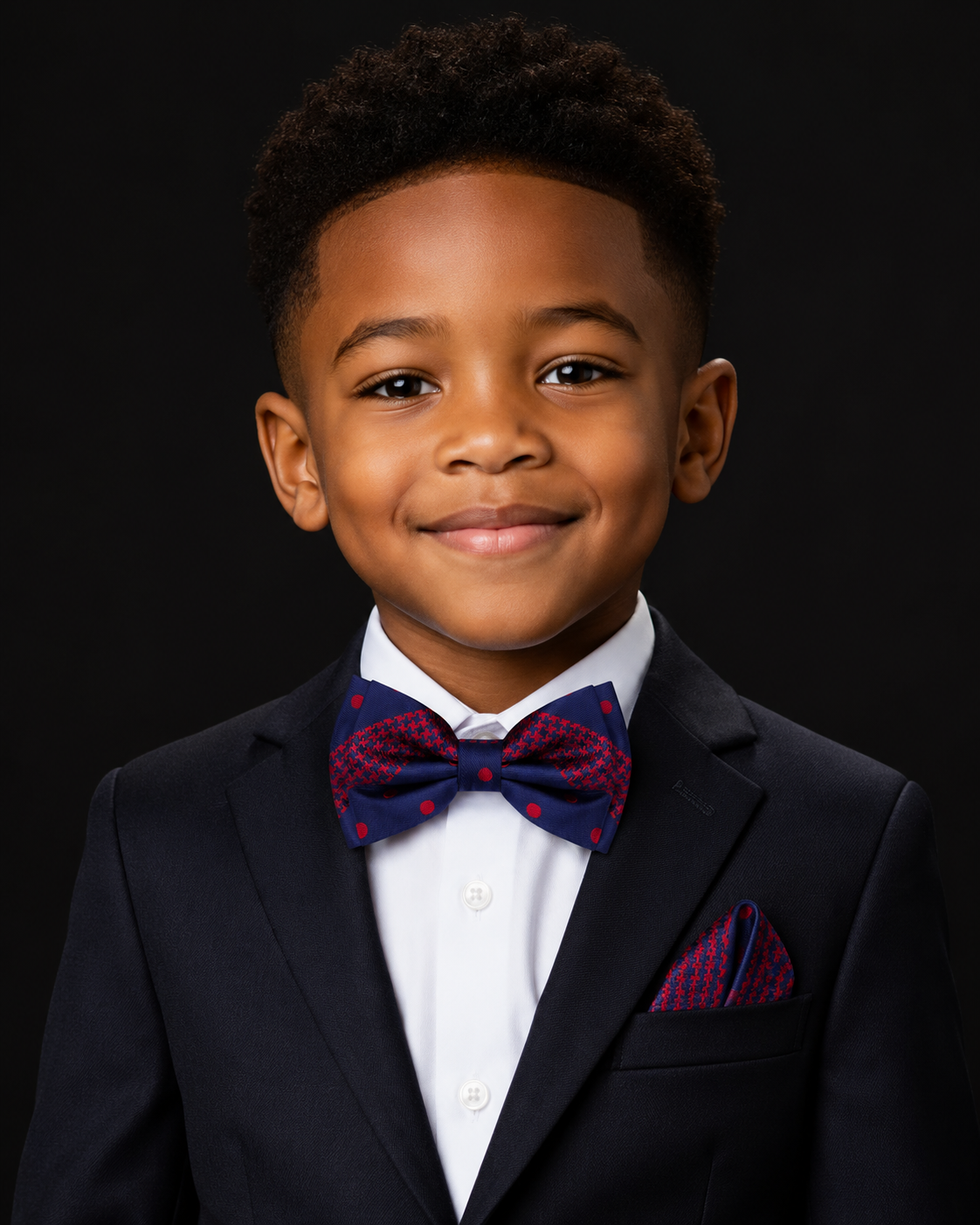 Boy wearing blue and red polka stripe and hounds bow tie and square on boy with suit