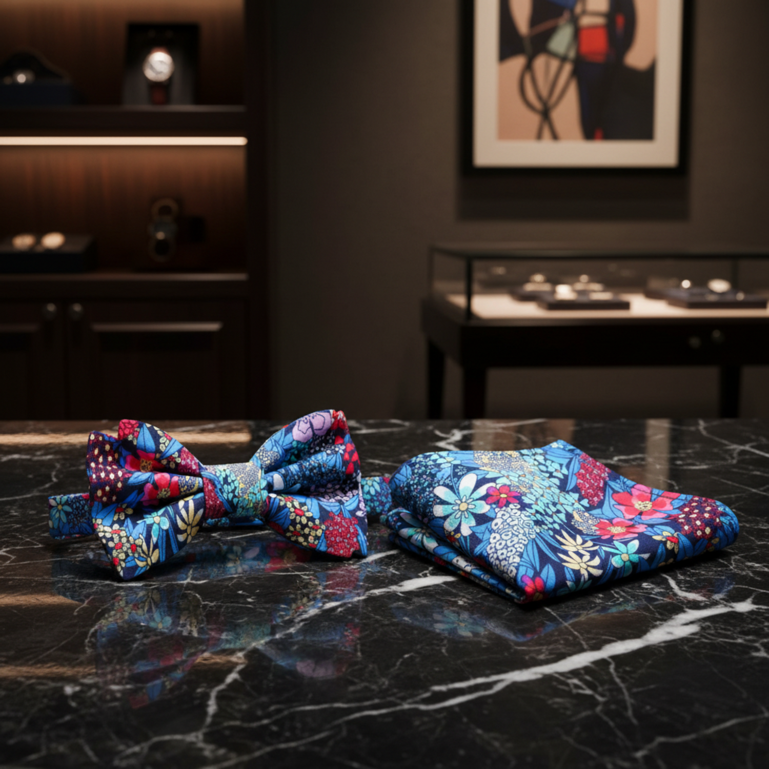 Blue Red Jardim Medium Flowers Bow Tie and Square