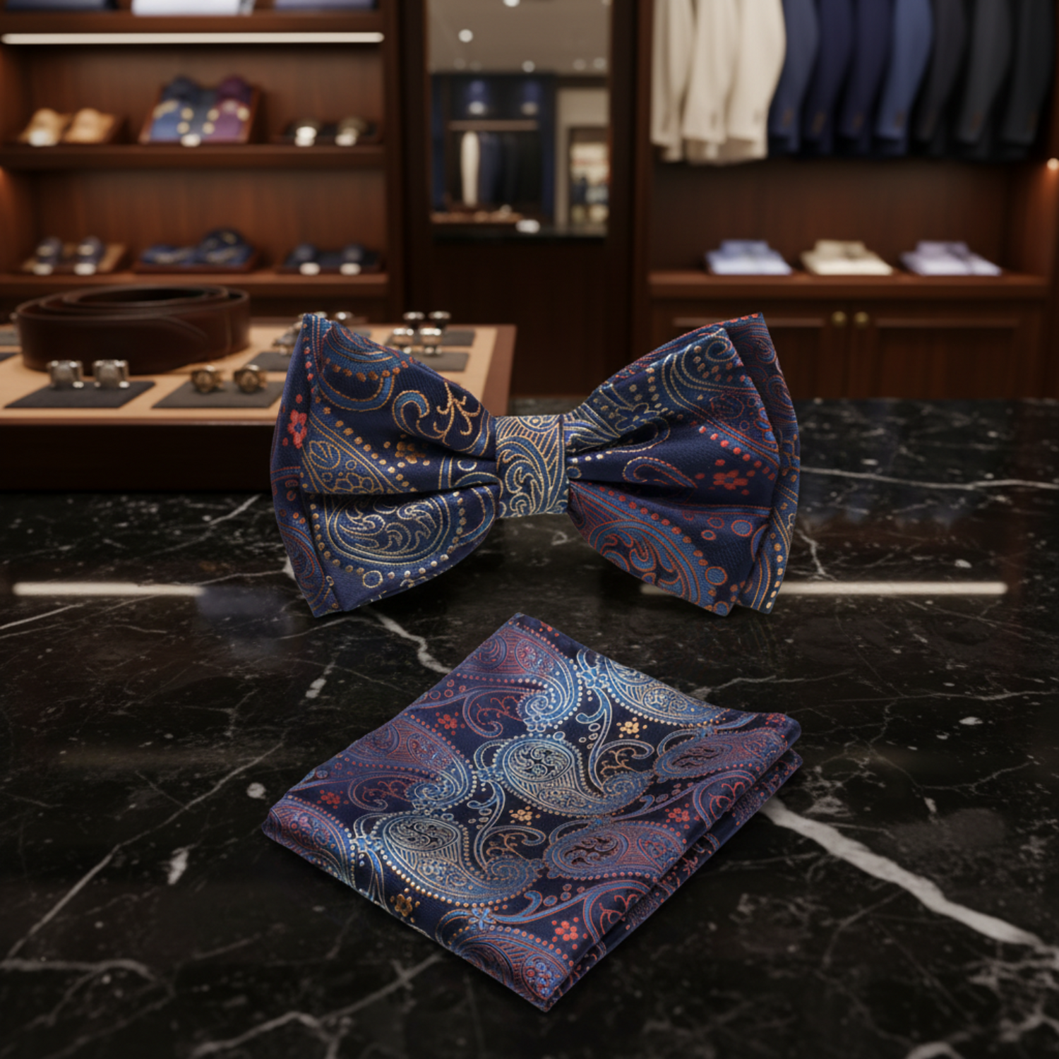 blue and orange with red paisley bow tie and square on table