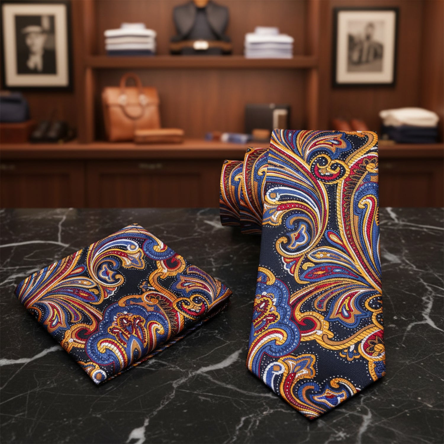 View 2: Blue, Red, Orange and Yellow Paisley Necktie and Square
