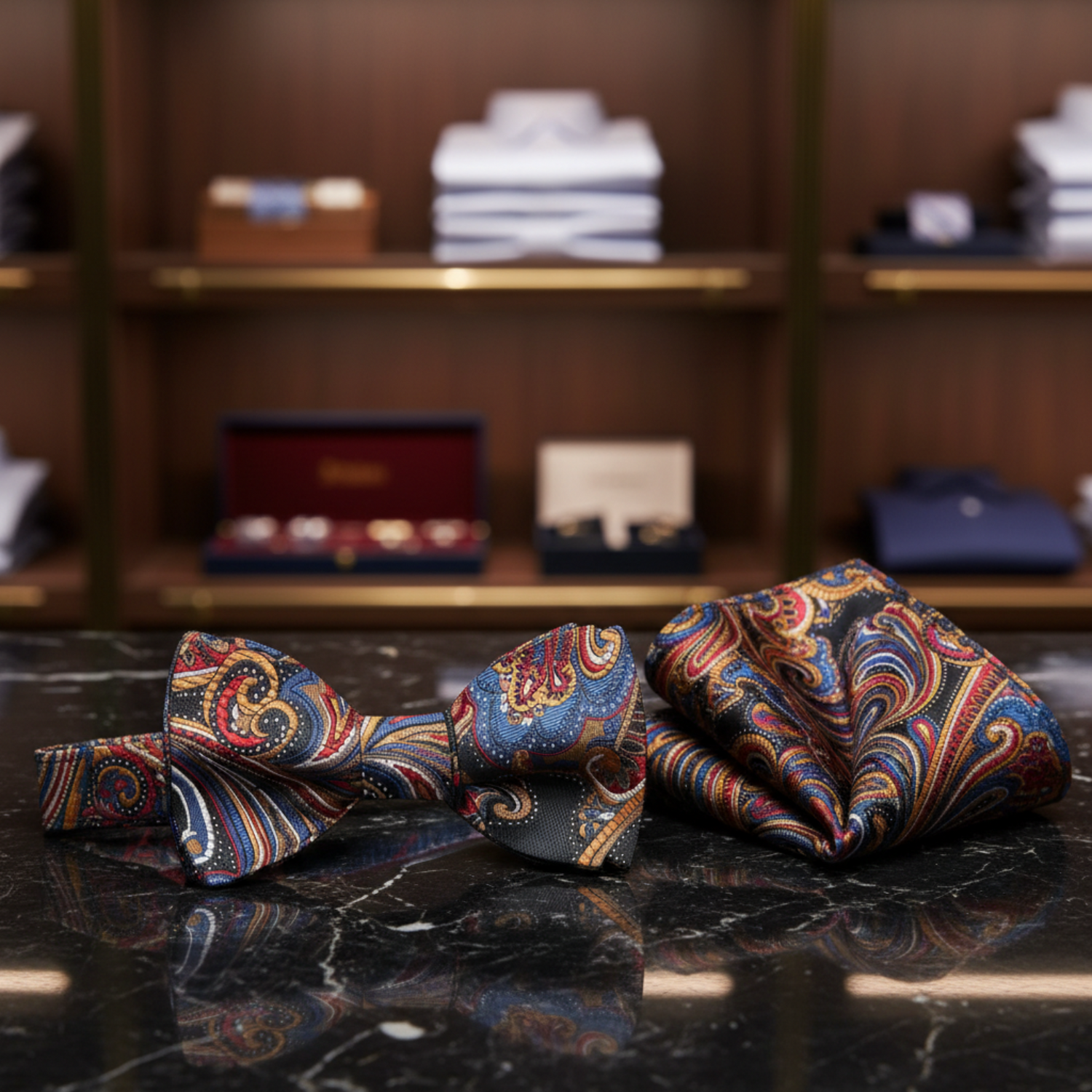 Blue, Orange, Red Paisley Bow Tie and Square