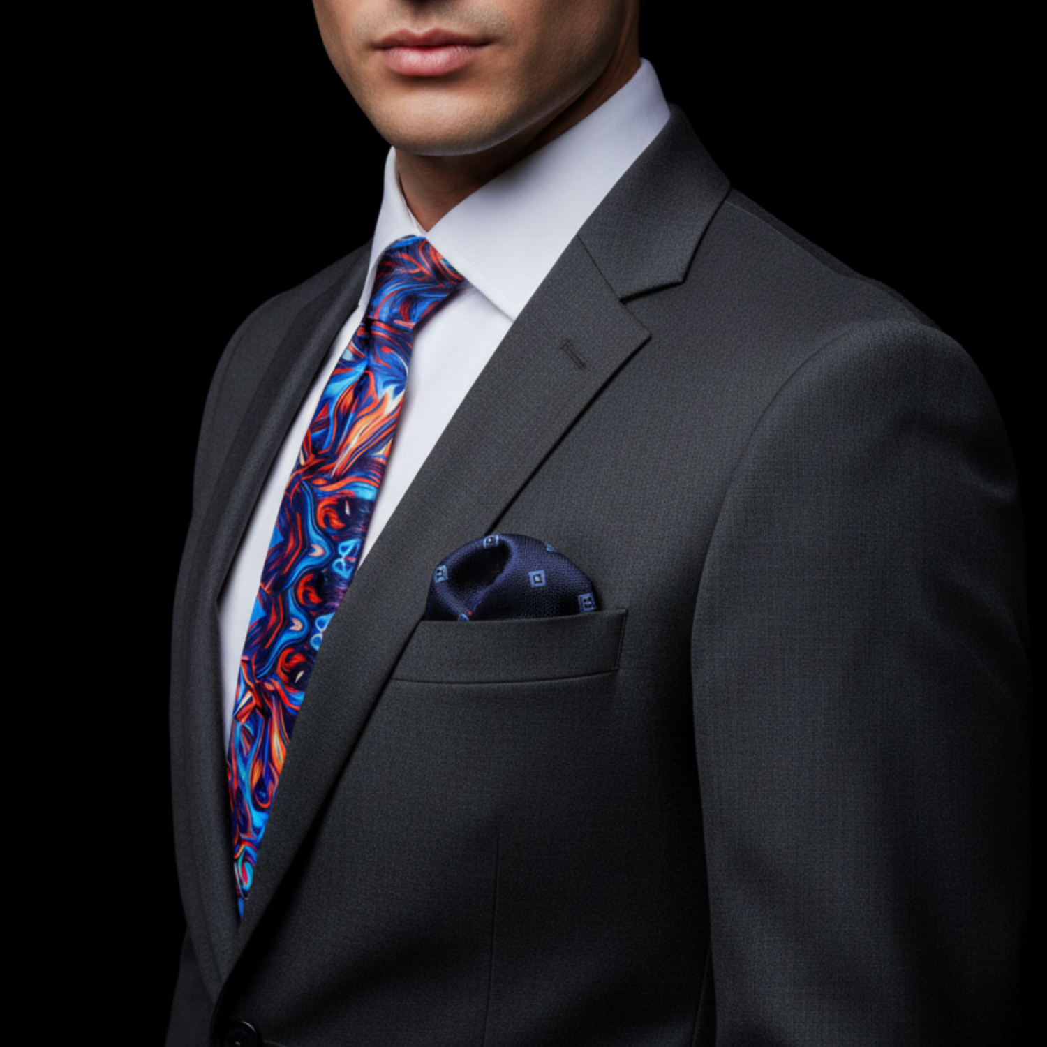 Man wearing a gray suit with a colorful tie and pocket square on a black background