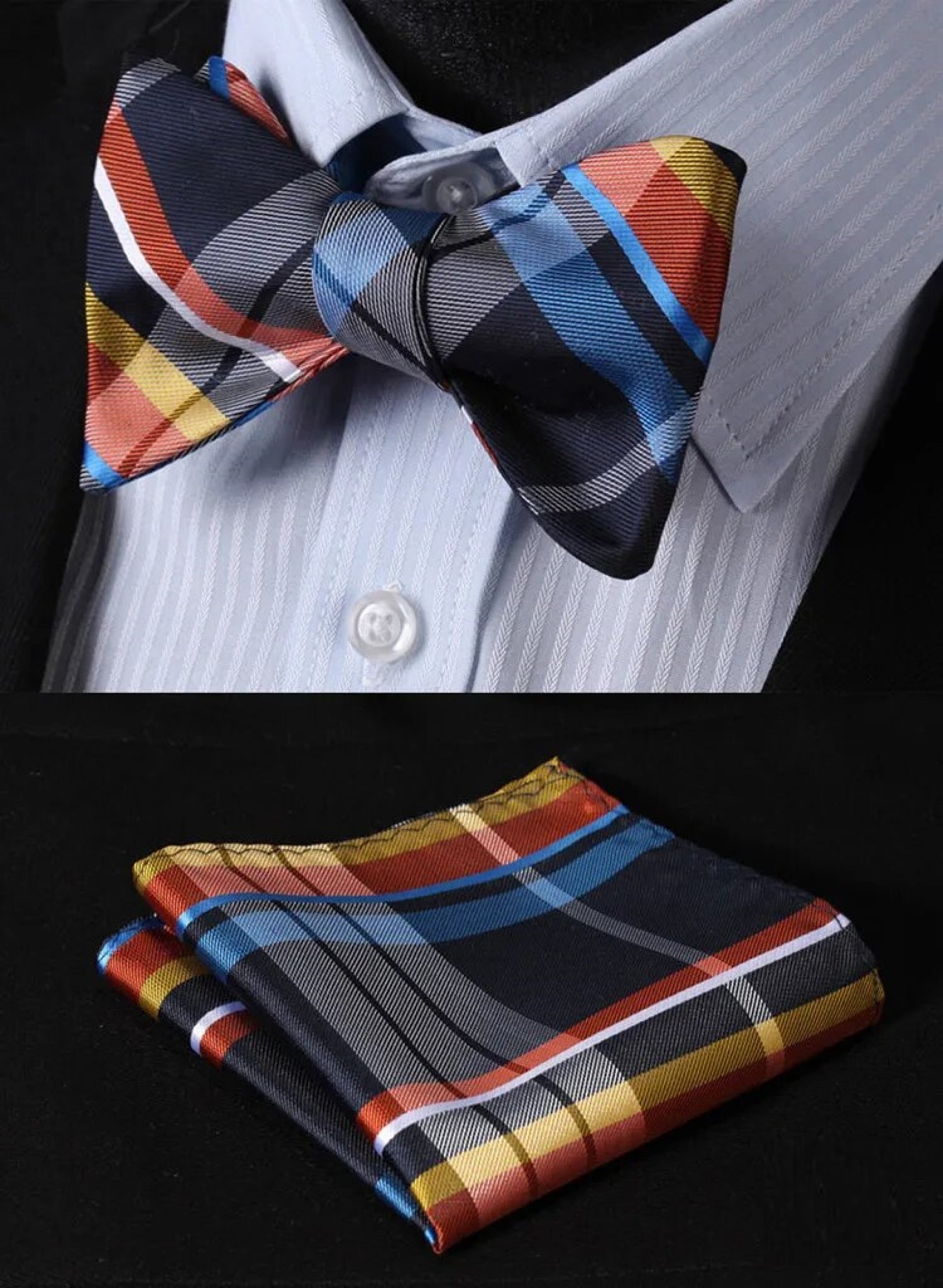 Main View: Blue, Orange, Yellow Paid Bow Tie and Pocket Square