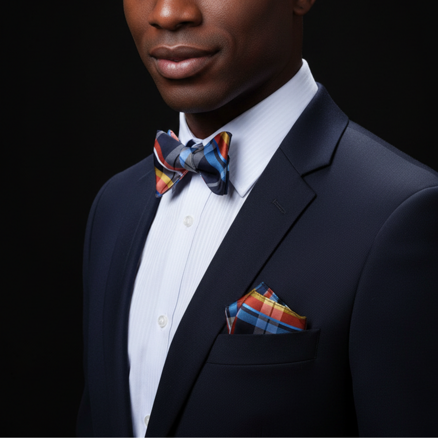 Man wearing a dark suit with a colorful bow tie and pocket square against a black background