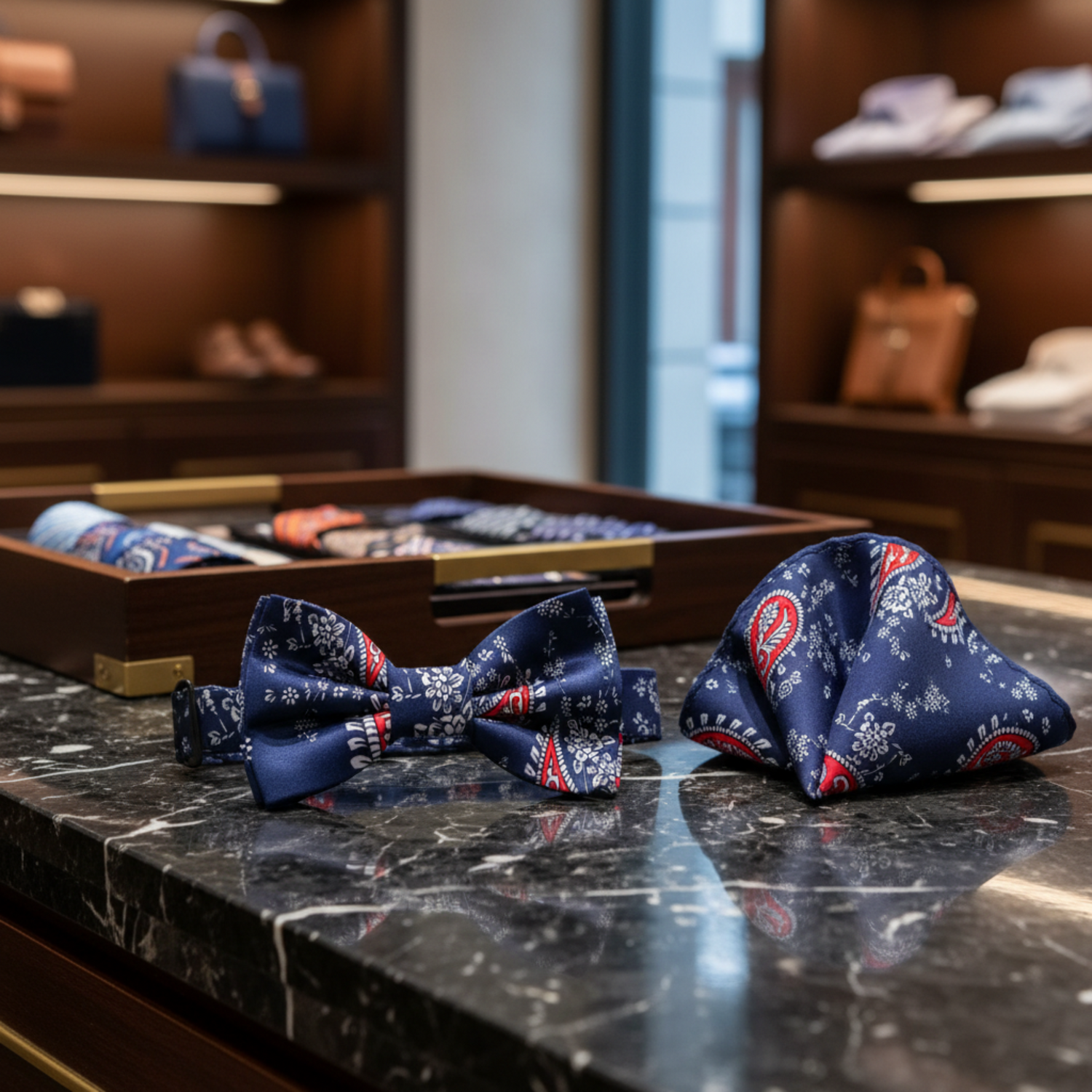 Blue, Red Paisley Bow Tie and Pocket Square
