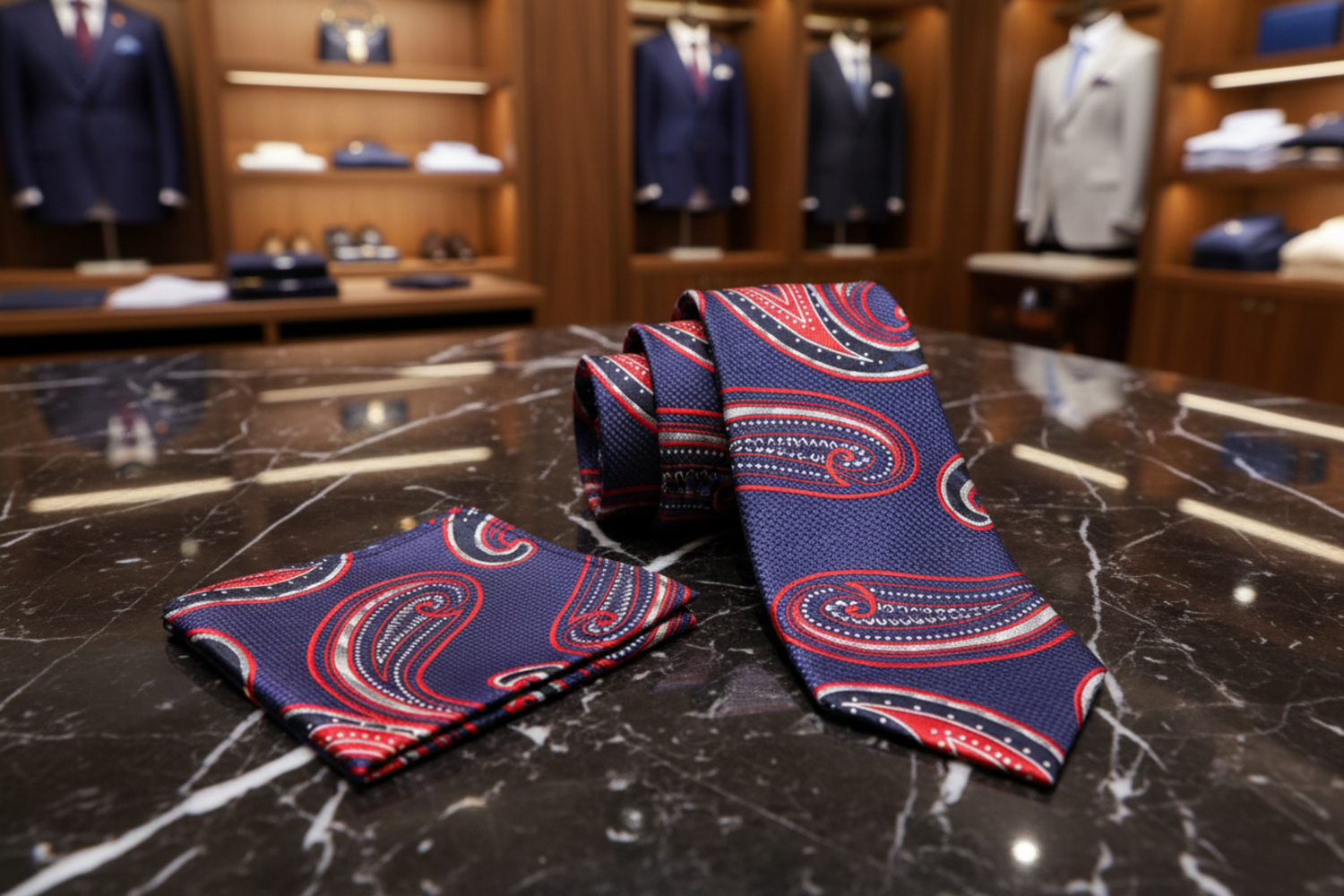Paisley patterned tie and pocket square on a marble surface with suits in the background
