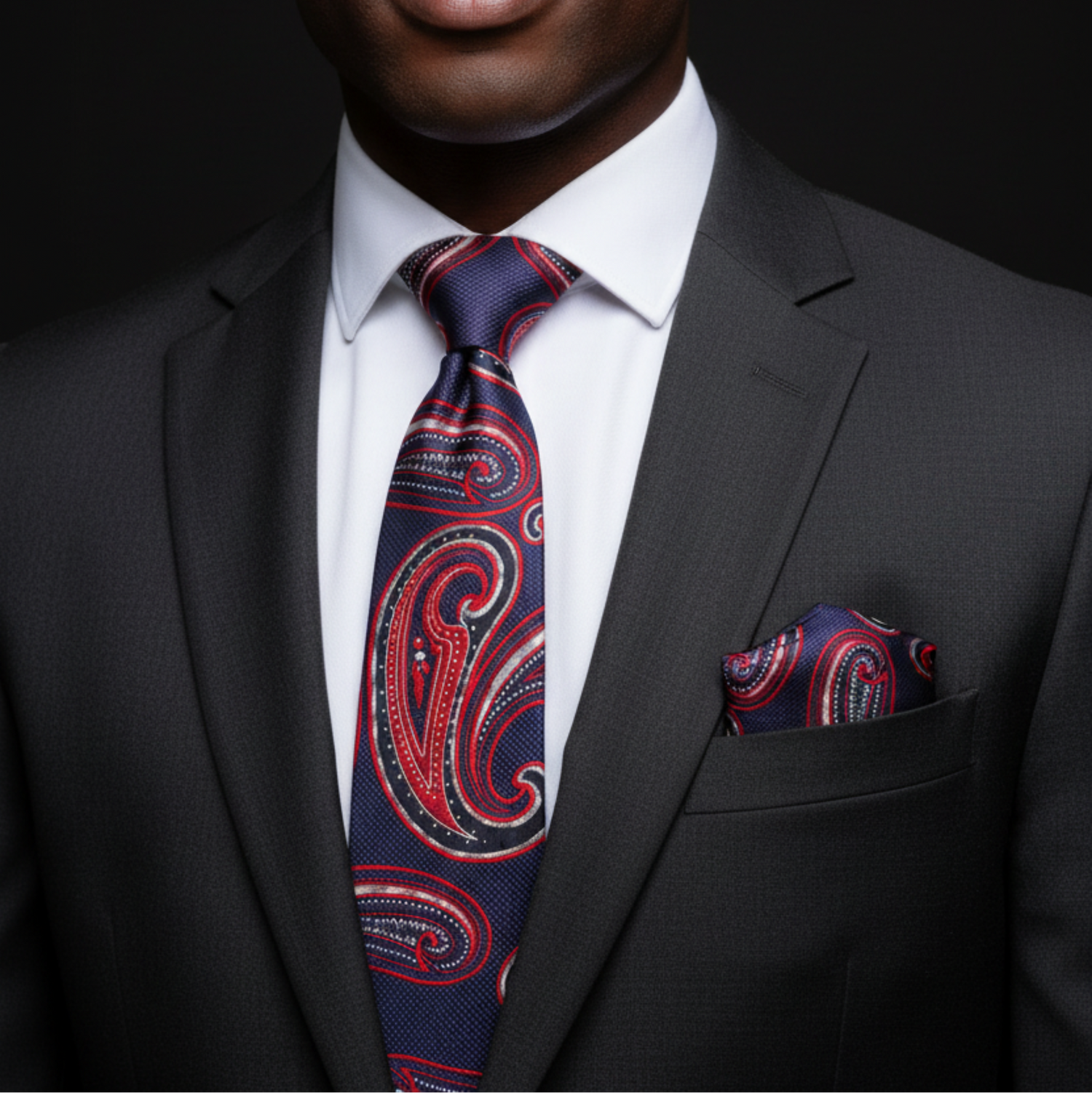 Man wearing a dark suit with a red and blue paisley tie and pocket square.