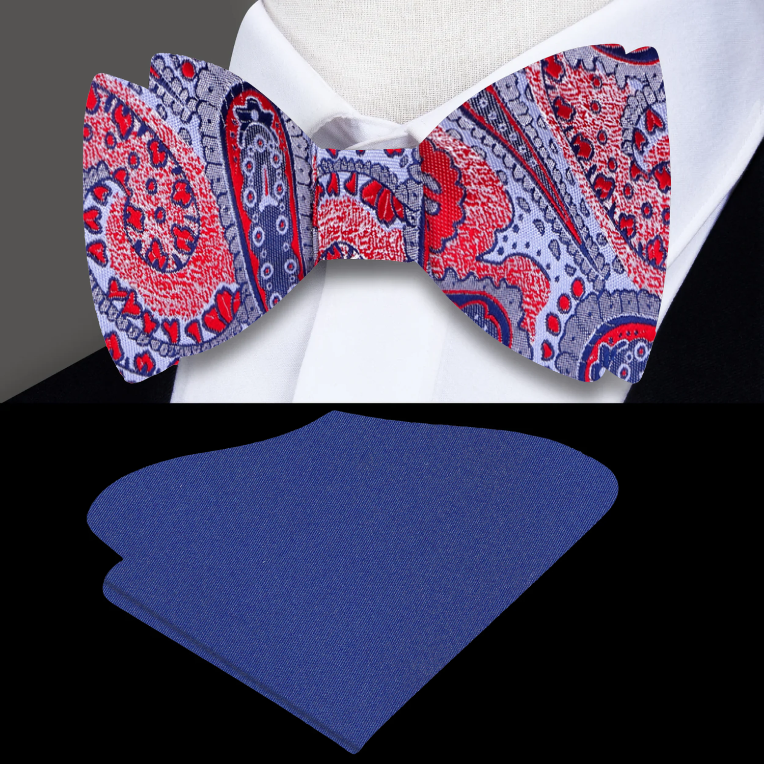 Light Blue, Red Paisley Self Tie Bow Tie and Blue Square