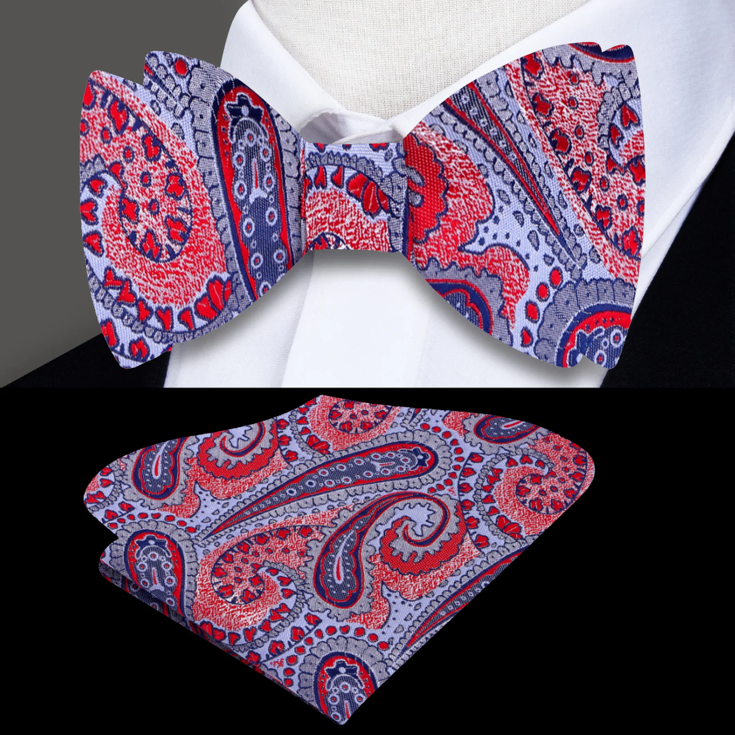 Light Blue, Red Paisley Self Tie Bow Tie and Square