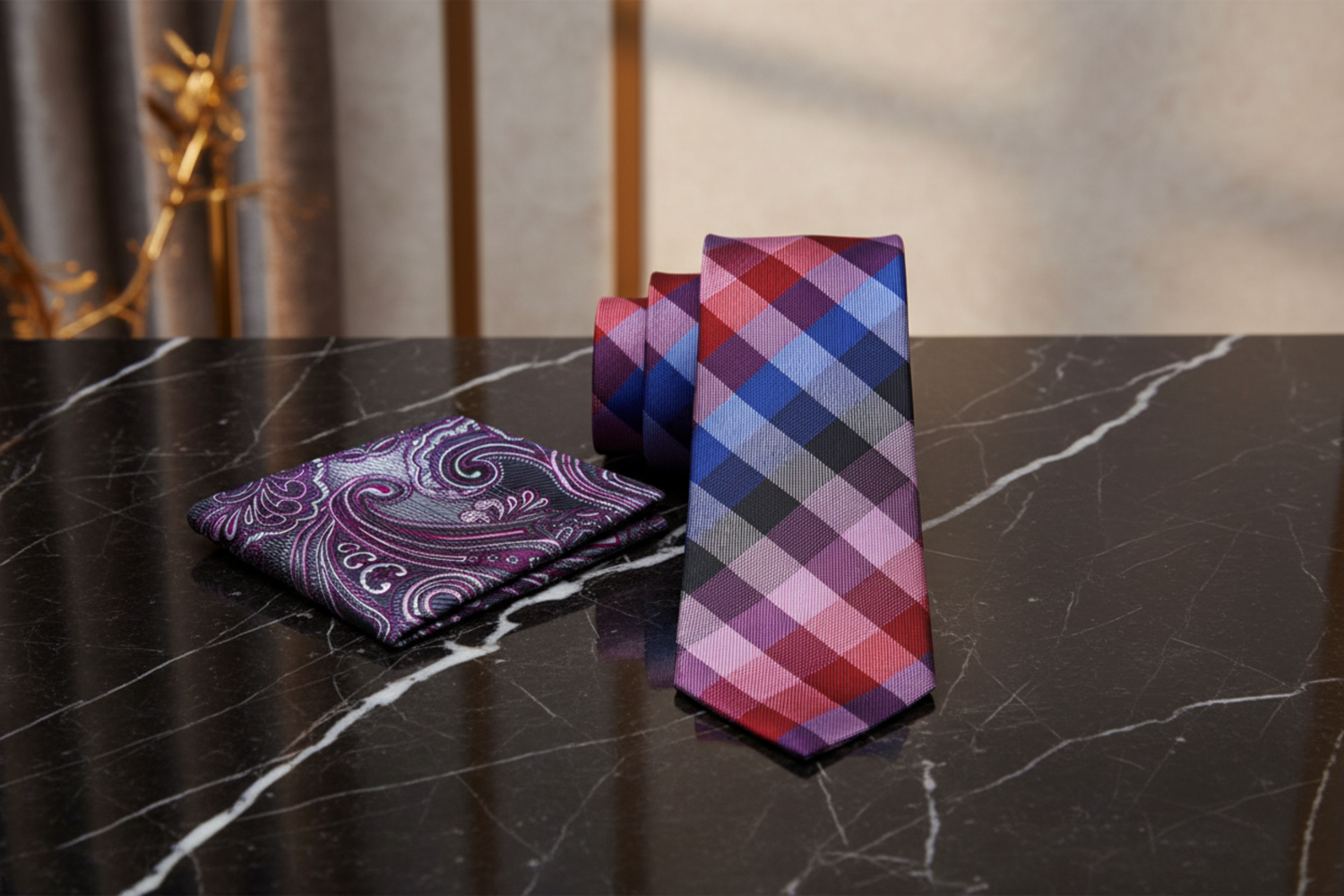 Alt View: Blue, Red, Pink Check Necktie and Accenting Purple Paisley Square