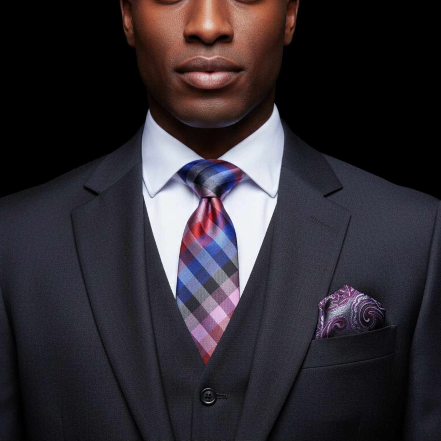 Man wearing a dark suit with a plaid tie and pocket square against a black background