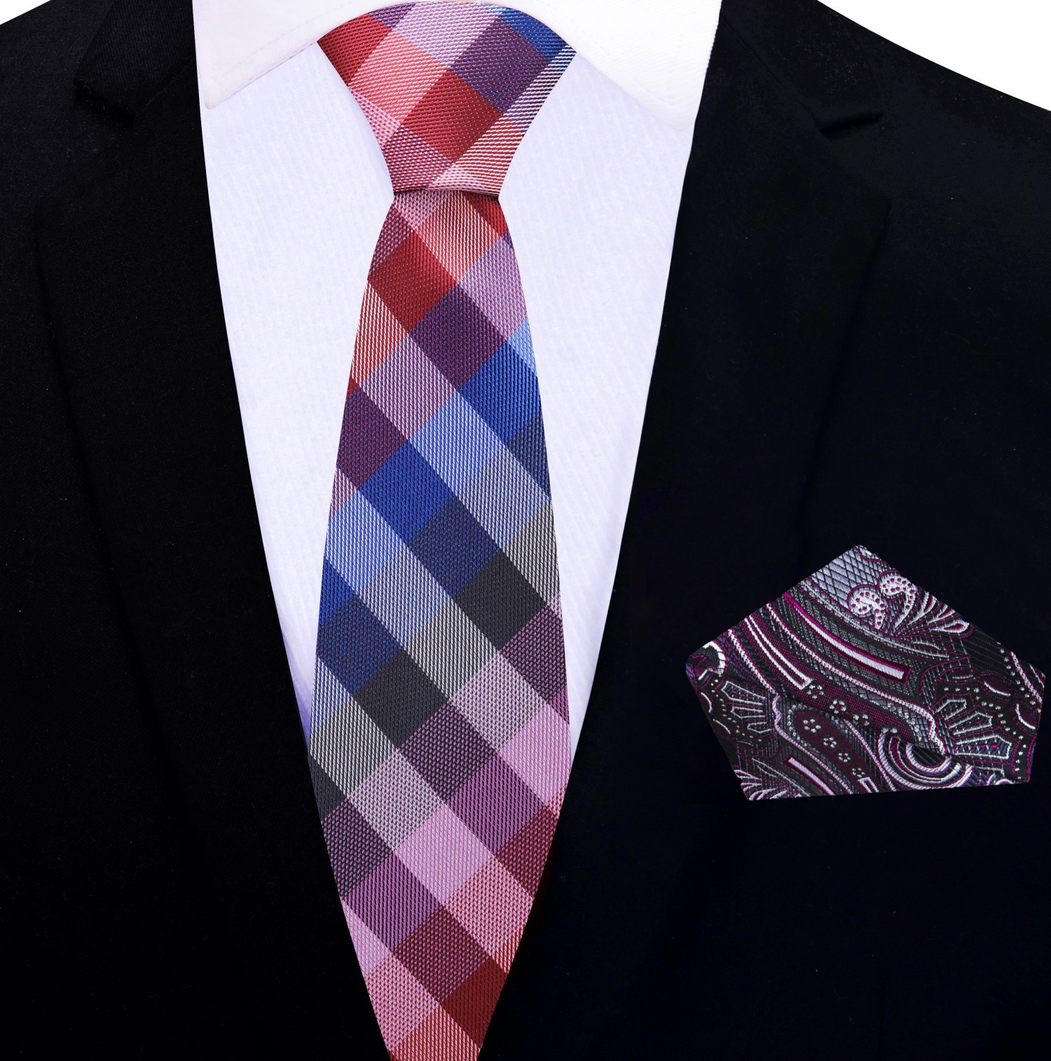 Thin: Blue, Red, Pink Check Necktie and Accenting Purple Paisley Square