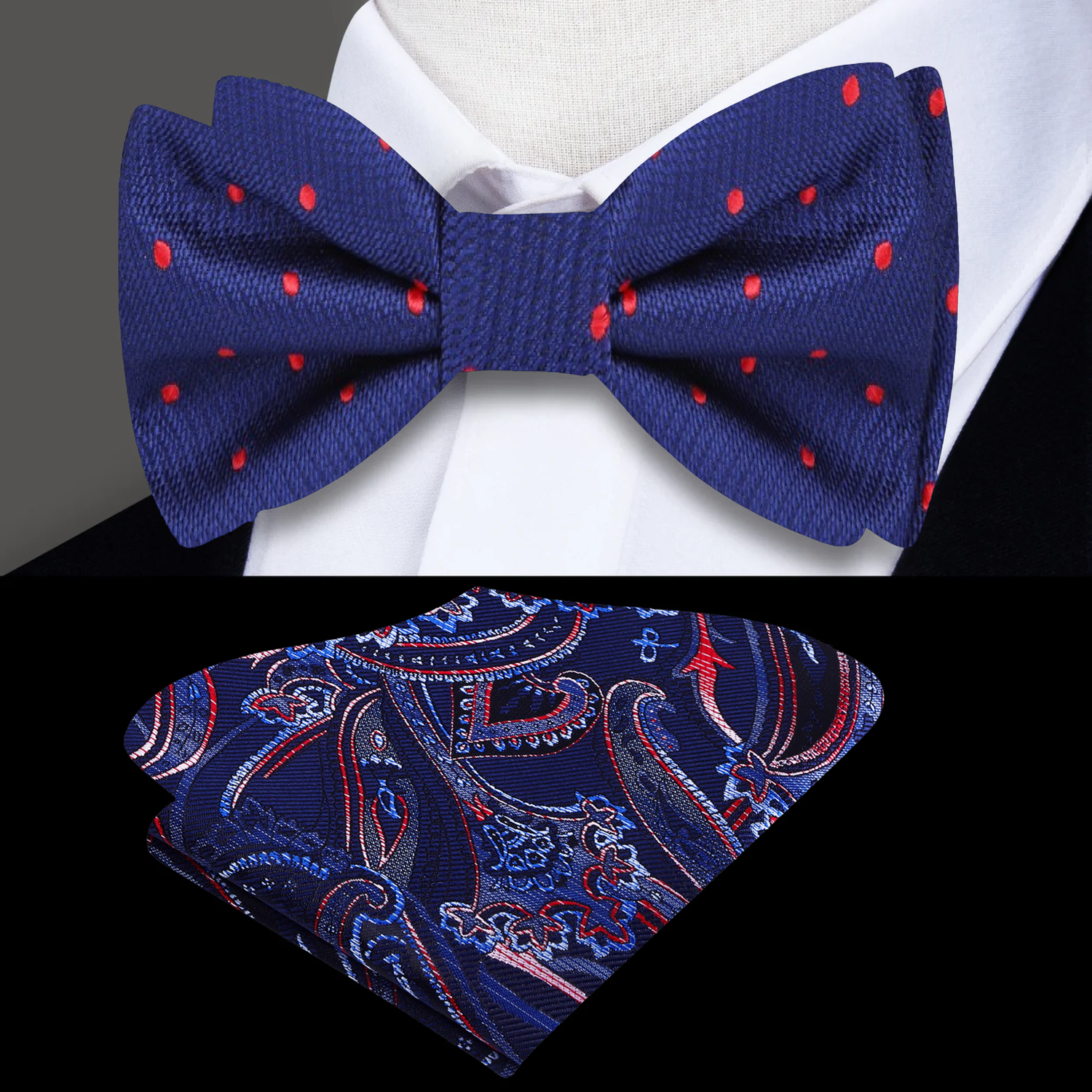 Blue, Red Polka Bow Tie and Accenting Blue Red Paisley Square