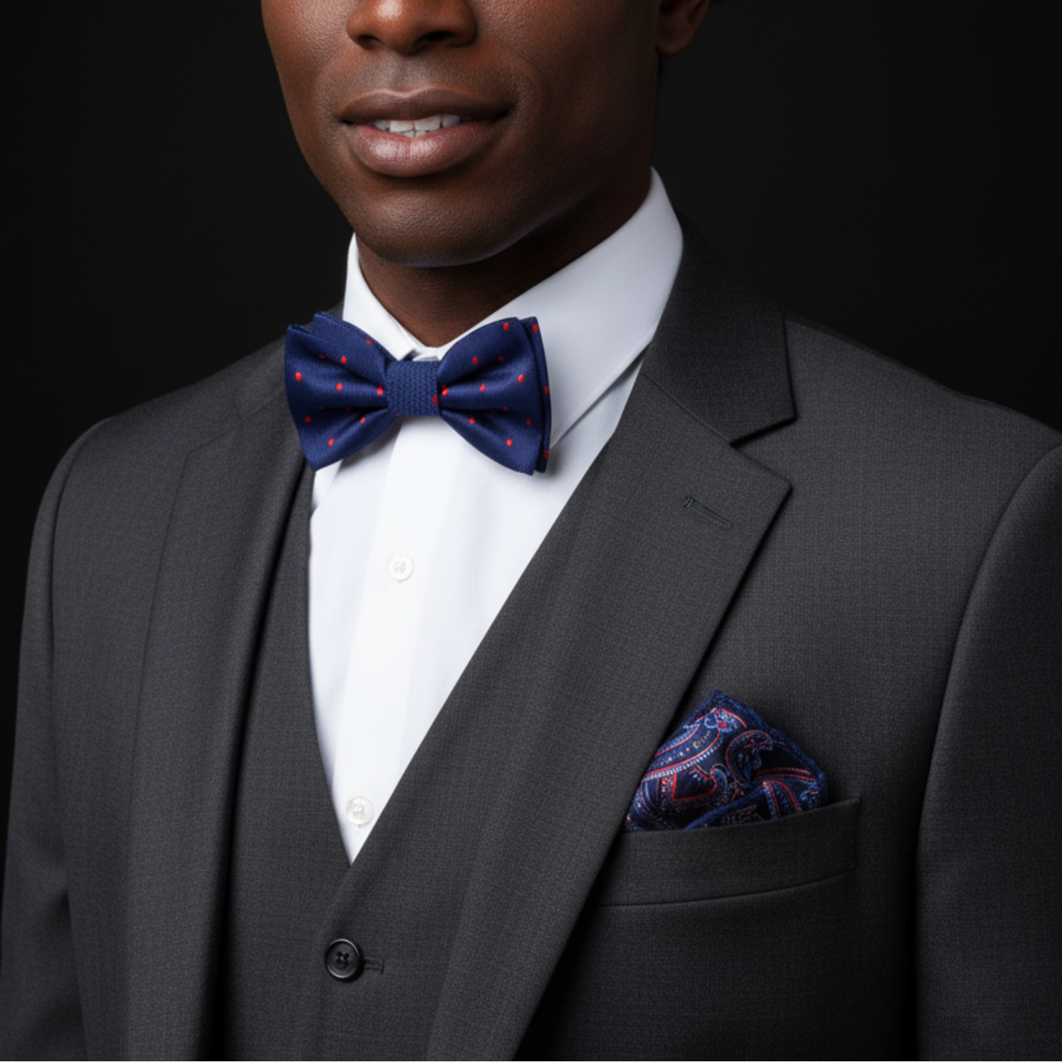 Man wearing a gray suit with a blue bow tie and pocket square on a black background