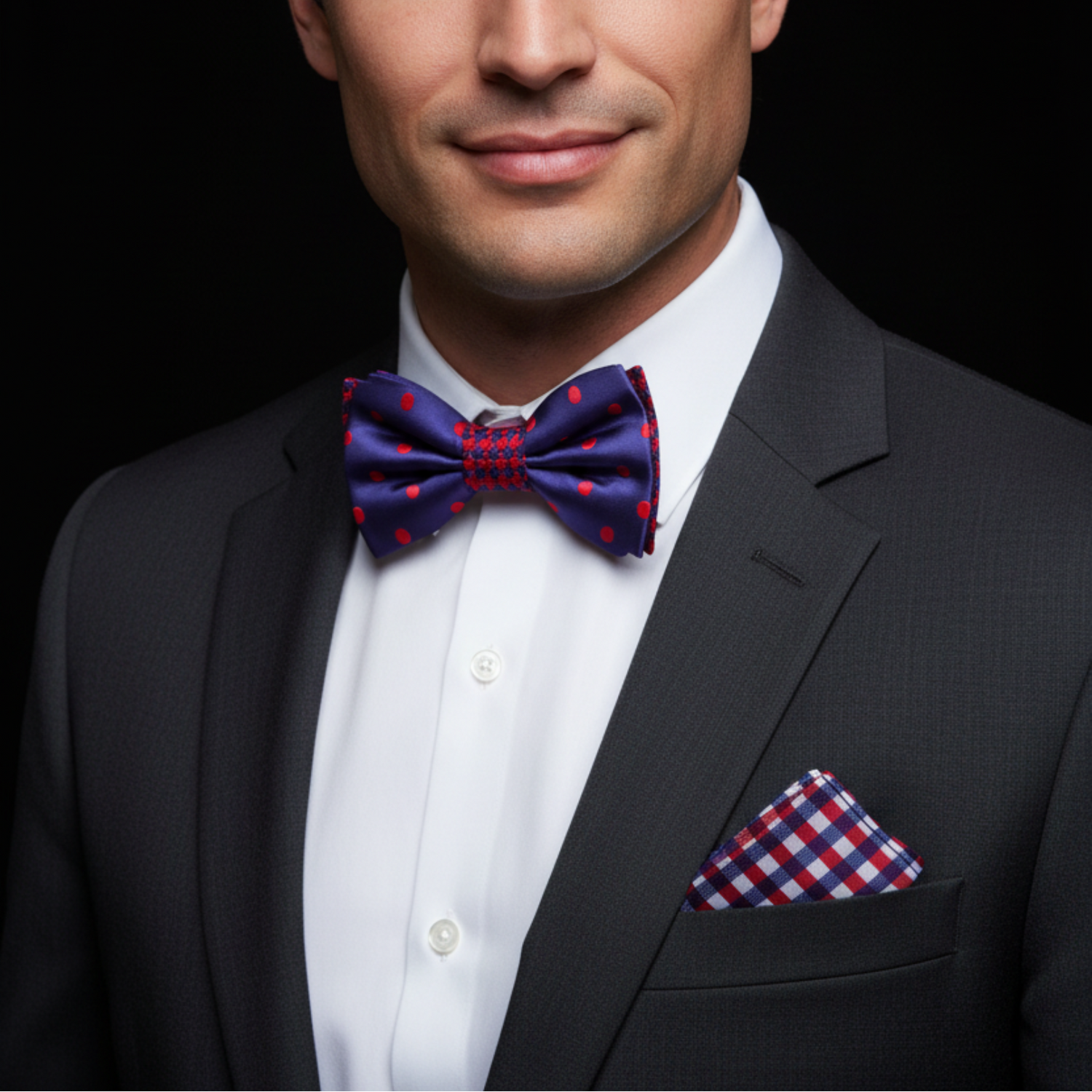 Man wearing a black suit with a white shirt, purple bow tie with red polka dots, and matching pocket square on a black background.