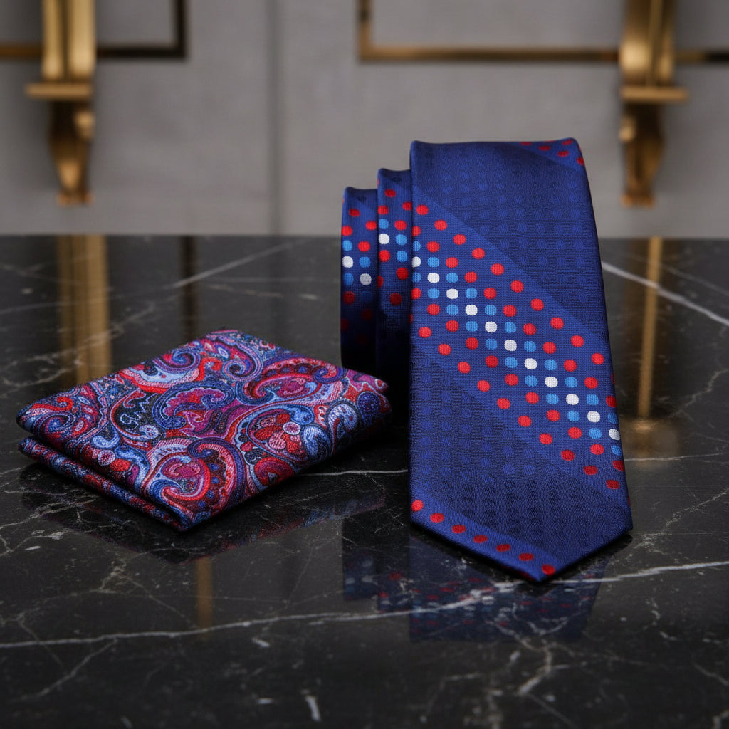 Alt Primary Blue with Red and White Polka Tie and Accenting Square