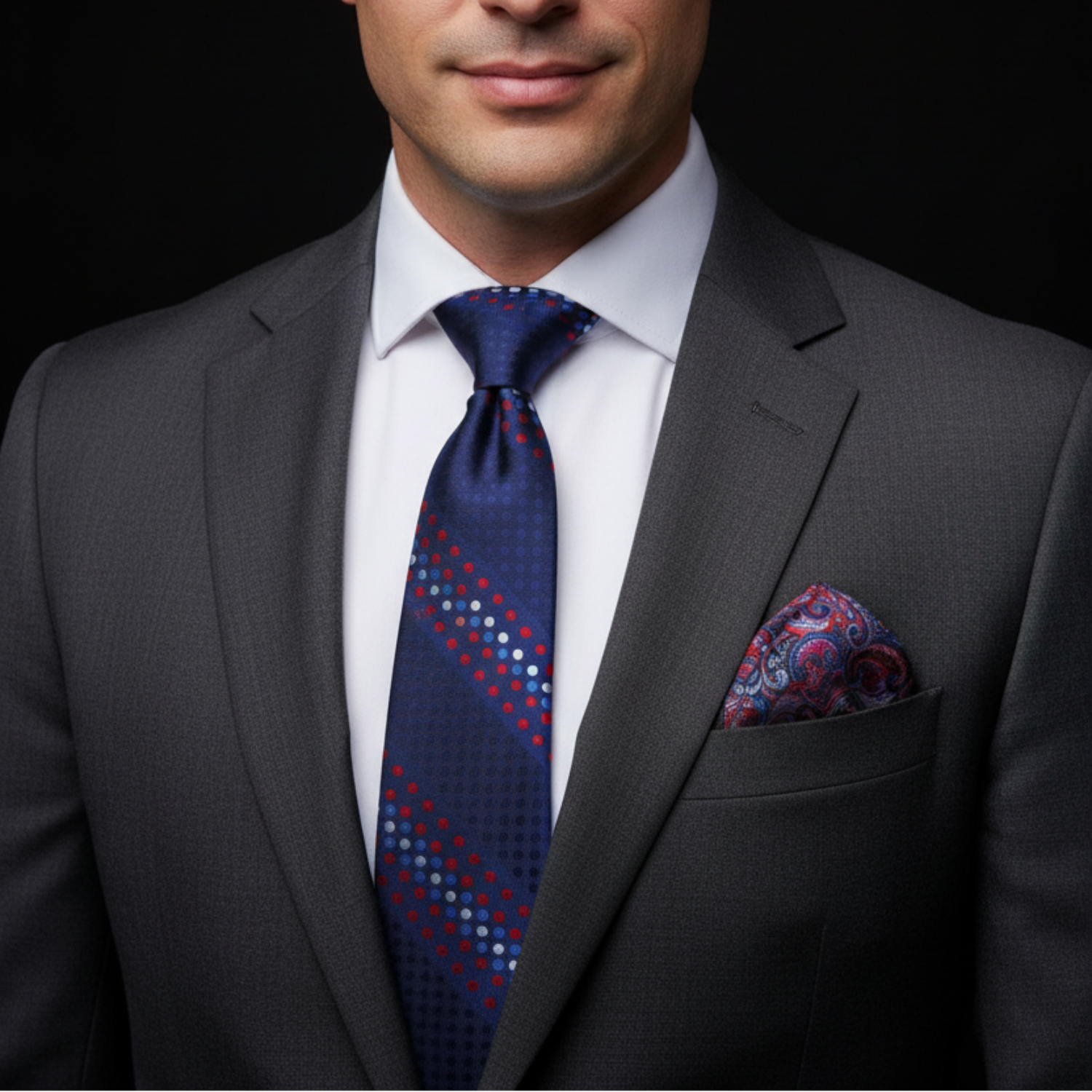 Man wearing a dark suit with a blue tie and patterned pocket square against a black background