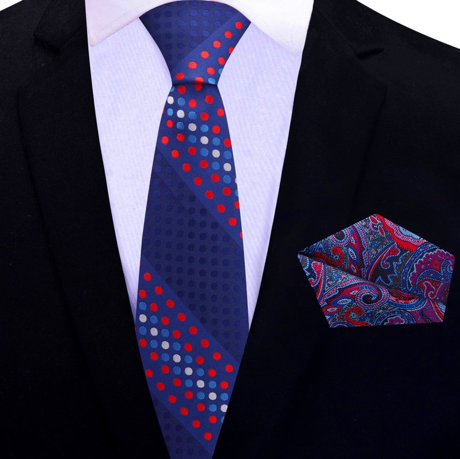 Thin Primary Blue with Red and White Polka Tie and Accenting Square