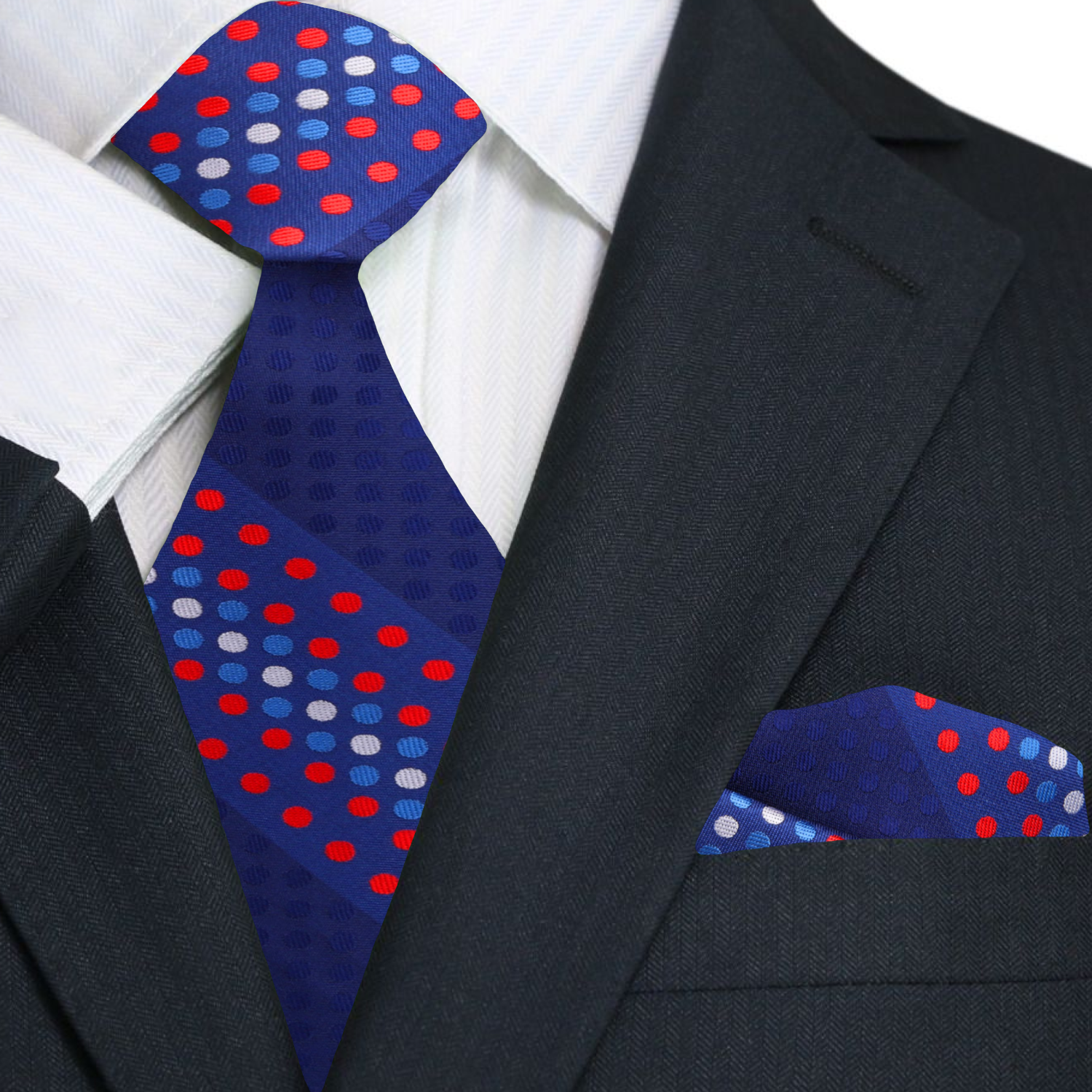 Primary Blue with Red and White Polka Tie and Square
