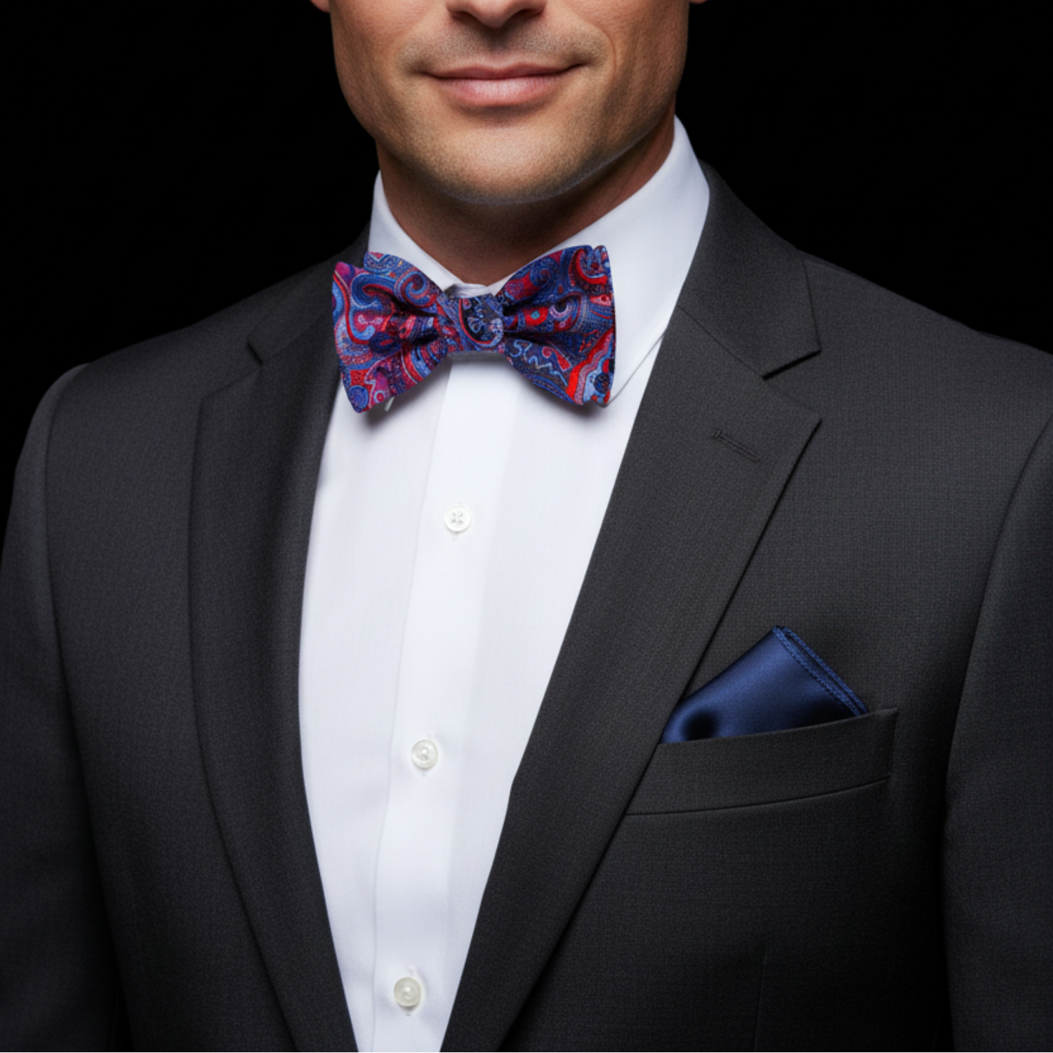 Man wearing a black suit with a colorful bow tie and blue pocket square on a black background