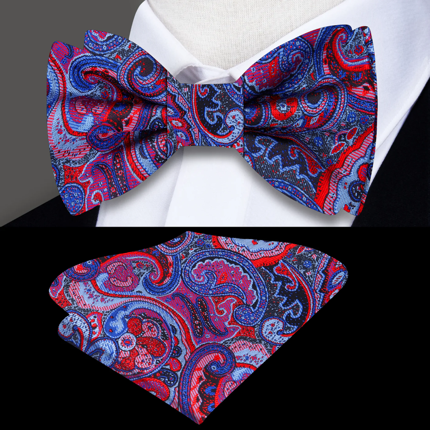 A detailed red and blue paisley bow tie and pocket square