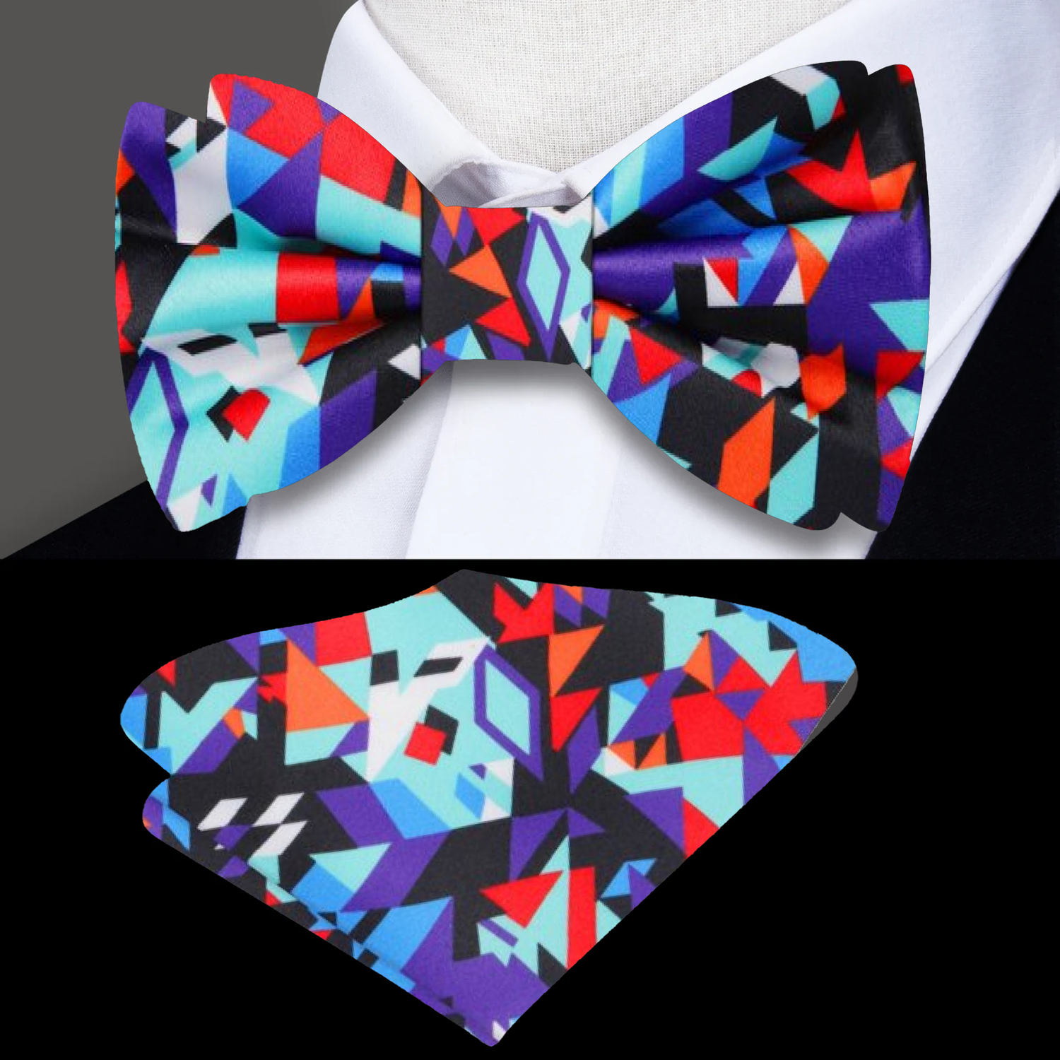 Black, Red, Purple, Orange, Blue Abstract Bow Tie and Pocket Square