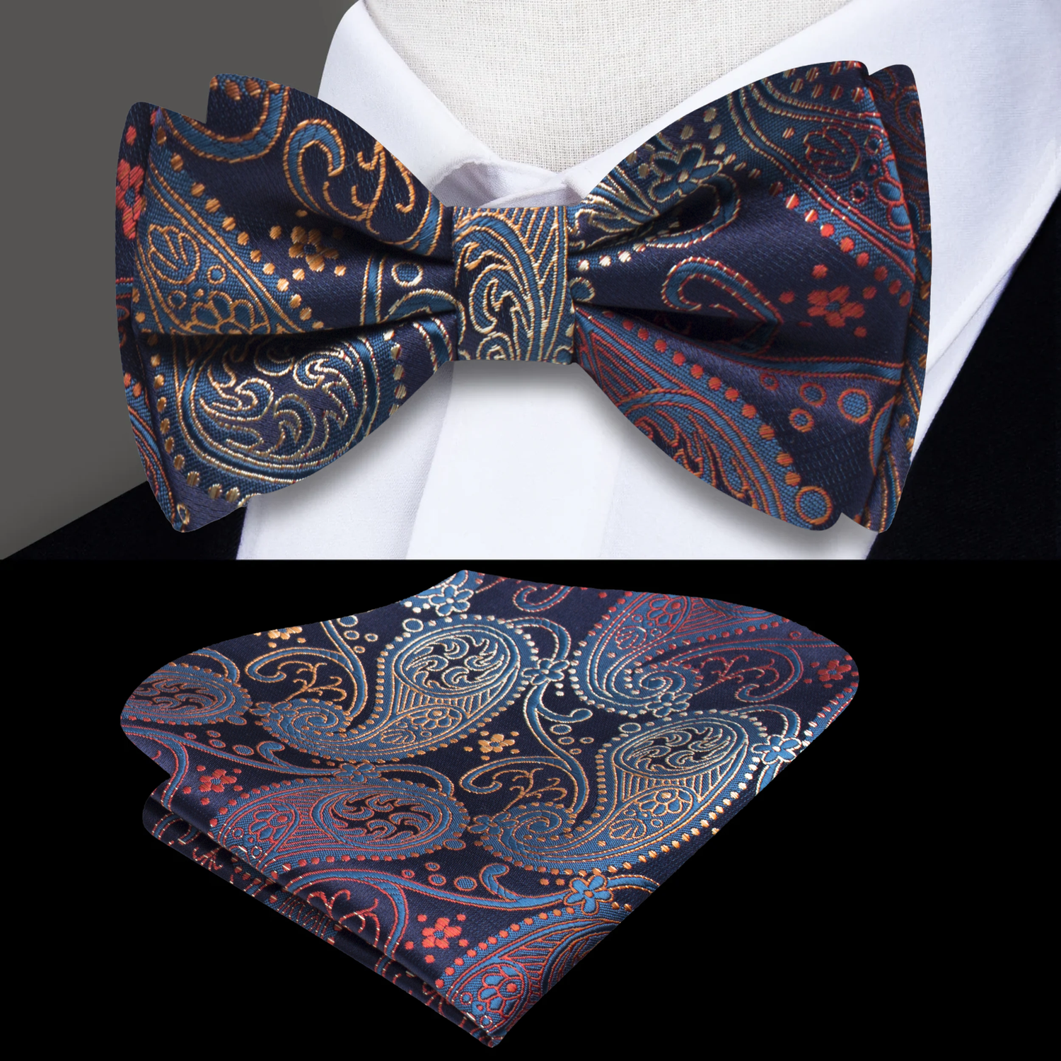 A Blue, Red Color With Paisley Pattern Kids Pre-Tied Bow Tie, Matching Pocket Square