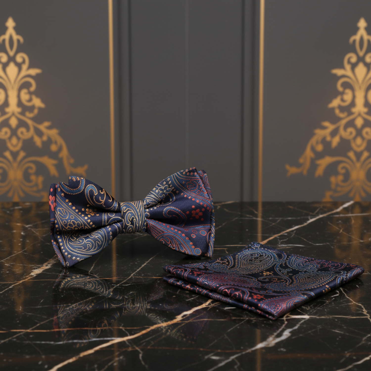 On Suit Blue, Red and Orange Paisley Bow Tie and Square