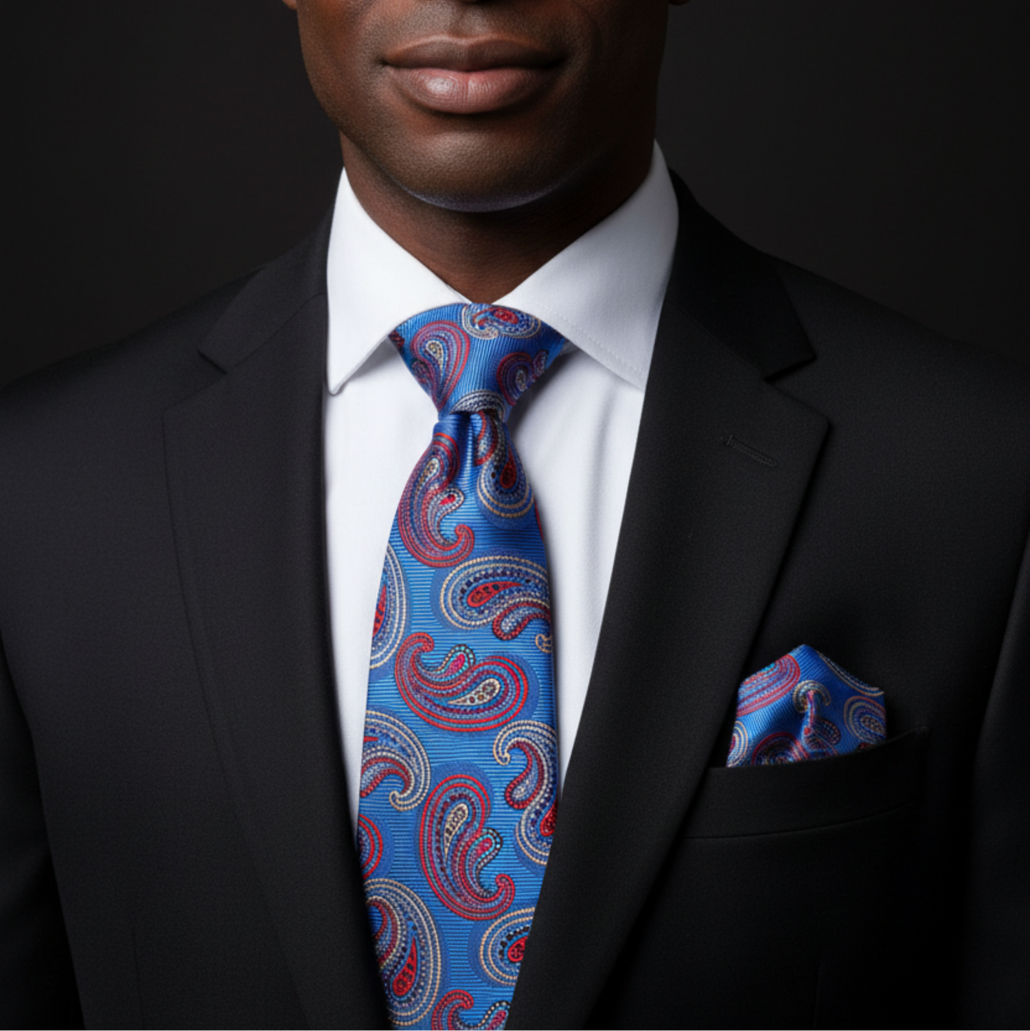 Man wearing a black suit with a blue paisley tie and matching pocket square.