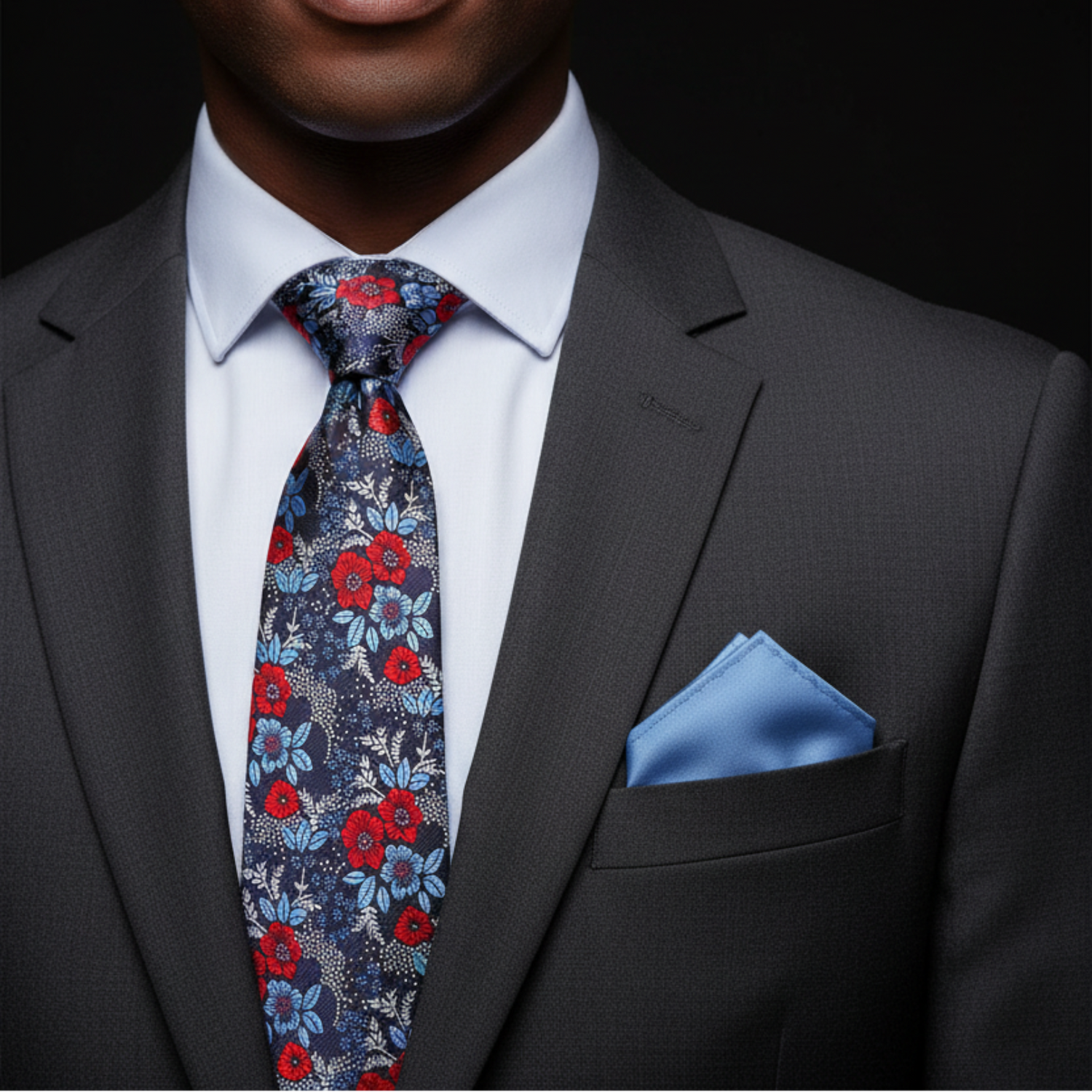 Man wearing a dark gray suit with a floral tie and blue pocket square on a black background