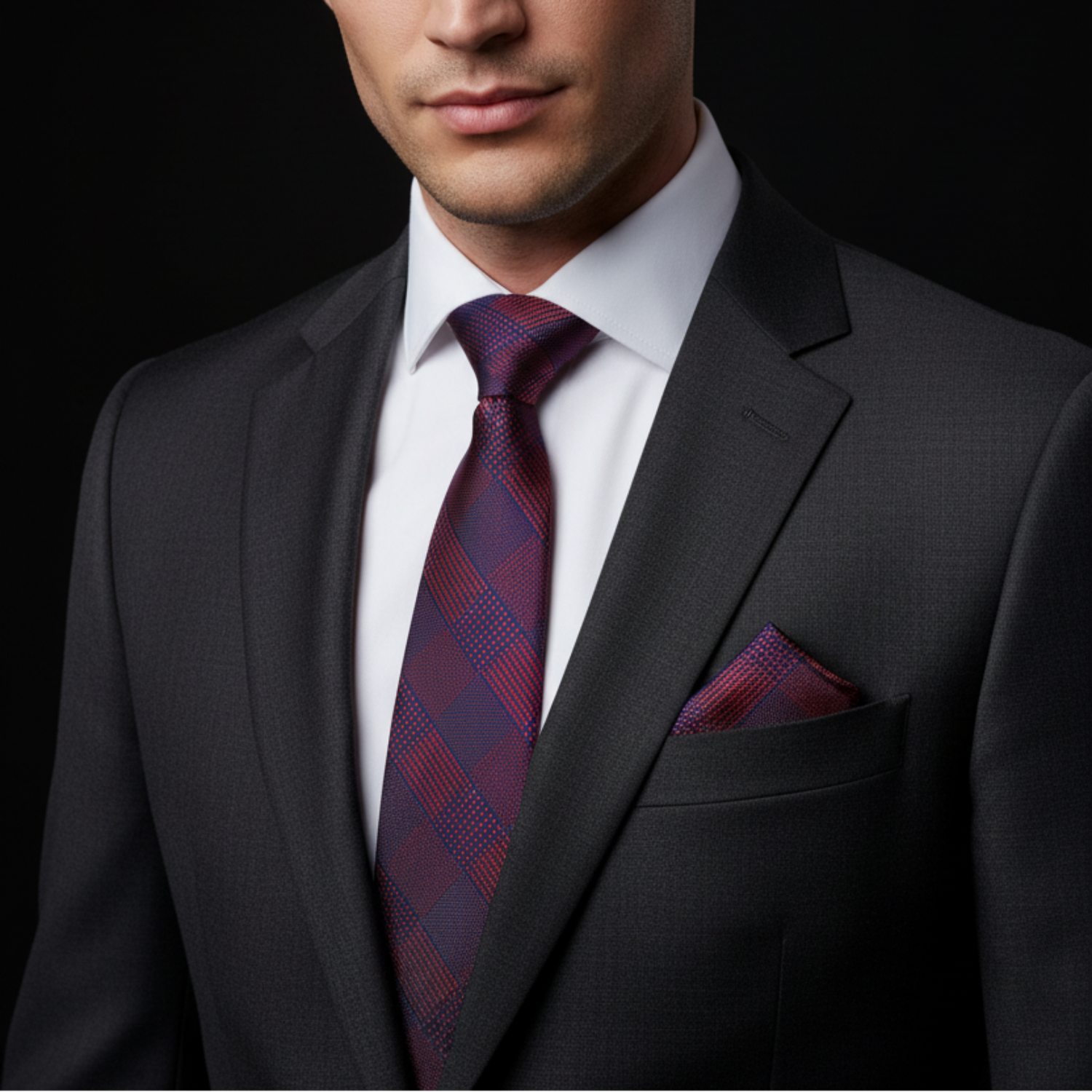 Man wearing a dark suit with a patterned tie and pocket square on a black background