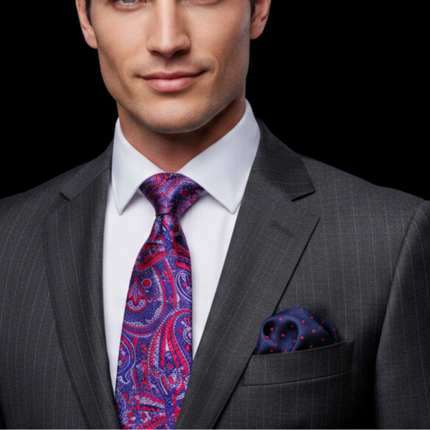 Man wearing a gray suit with a colorful paisley tie and pocket square on a black background
