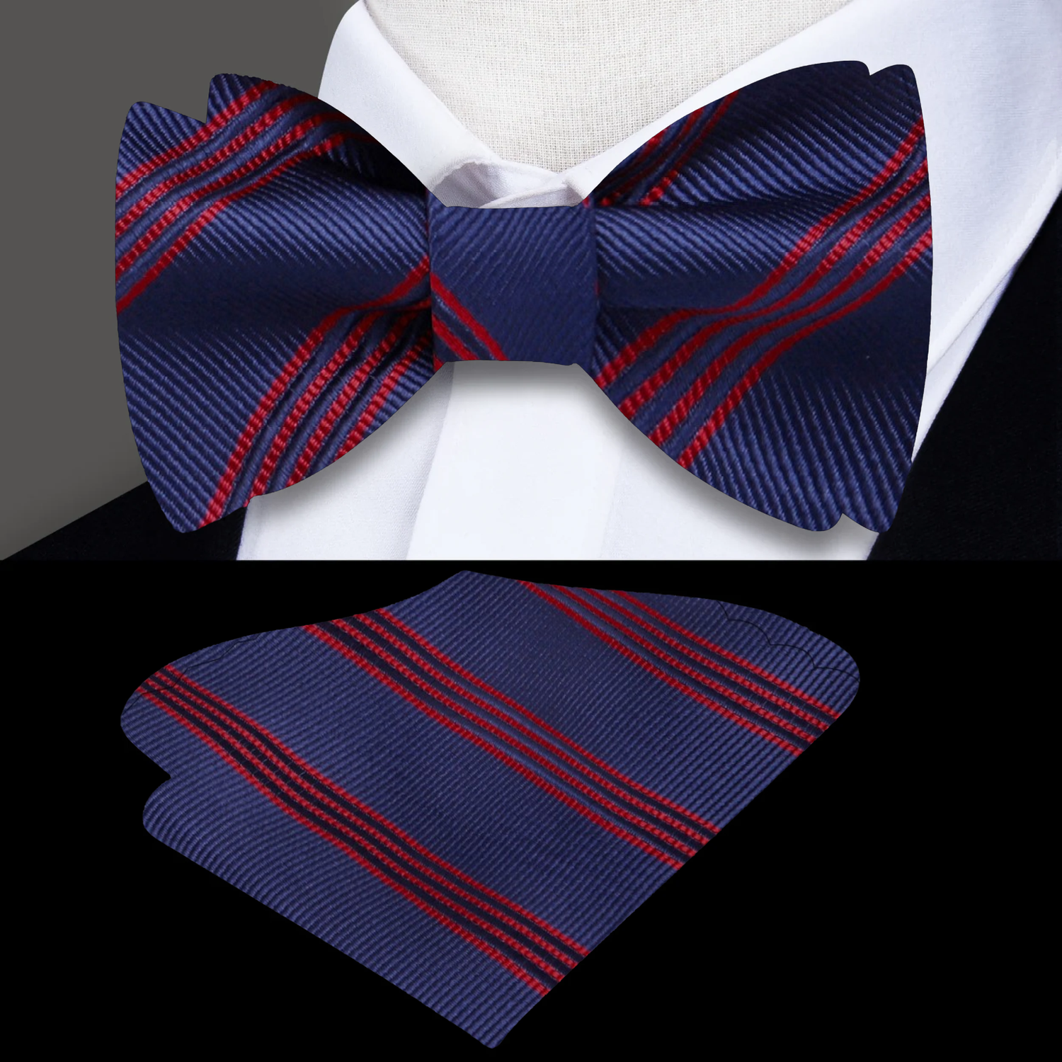 Blue, Red Stripe Bow Tie and Pocket Square