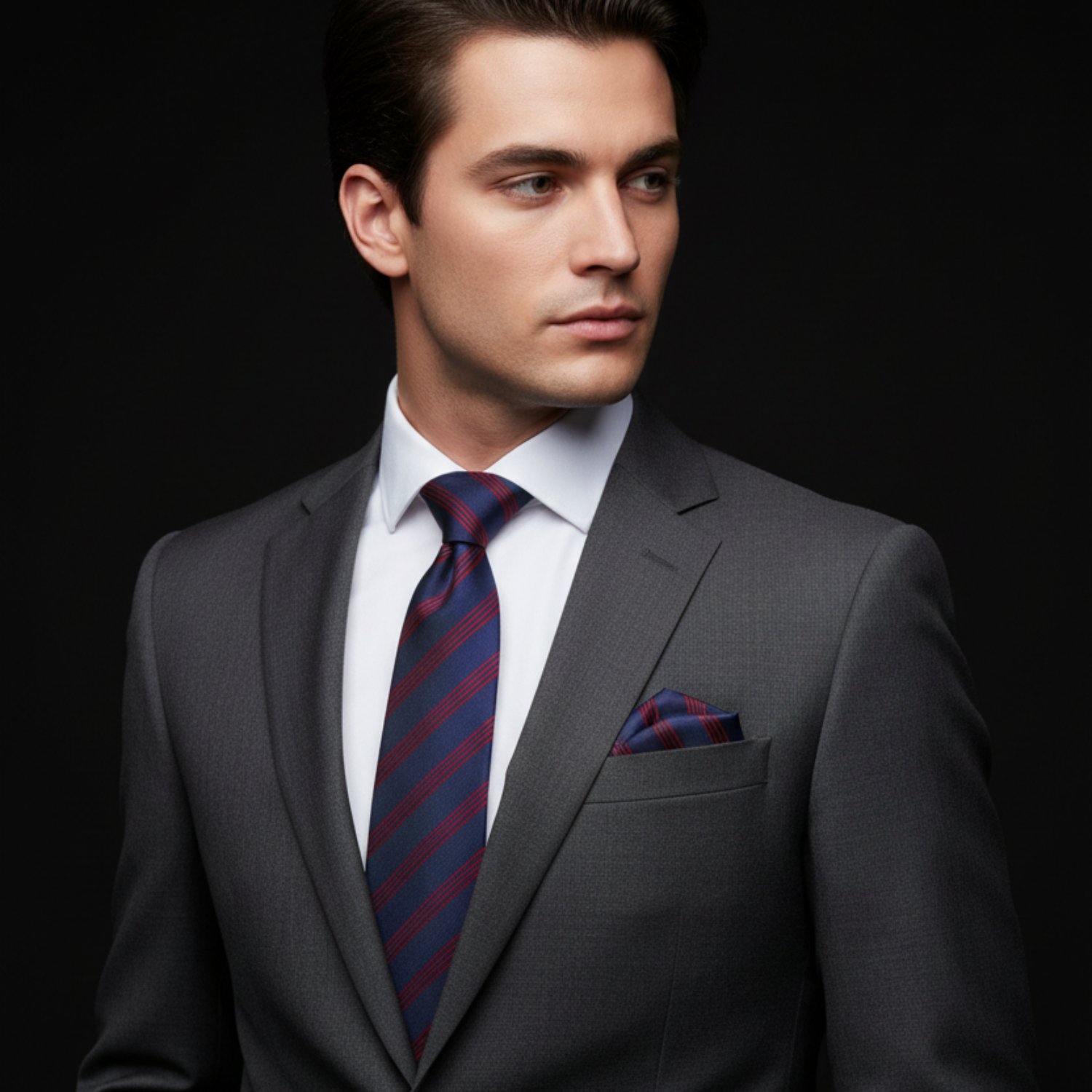 Man wearing a gray suit with a red and blue striped tie against a black background