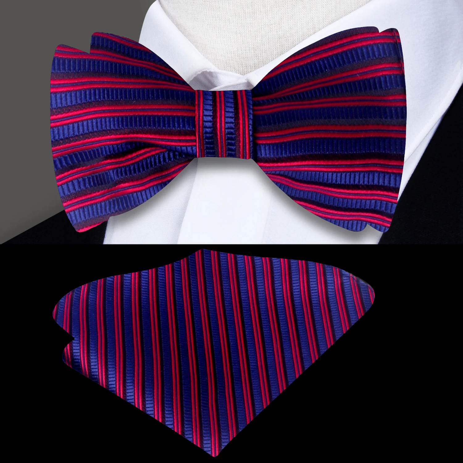 A Red, Blue Stripe Pattern Silk Self Tie Bow Tie, Matching Pocket Square