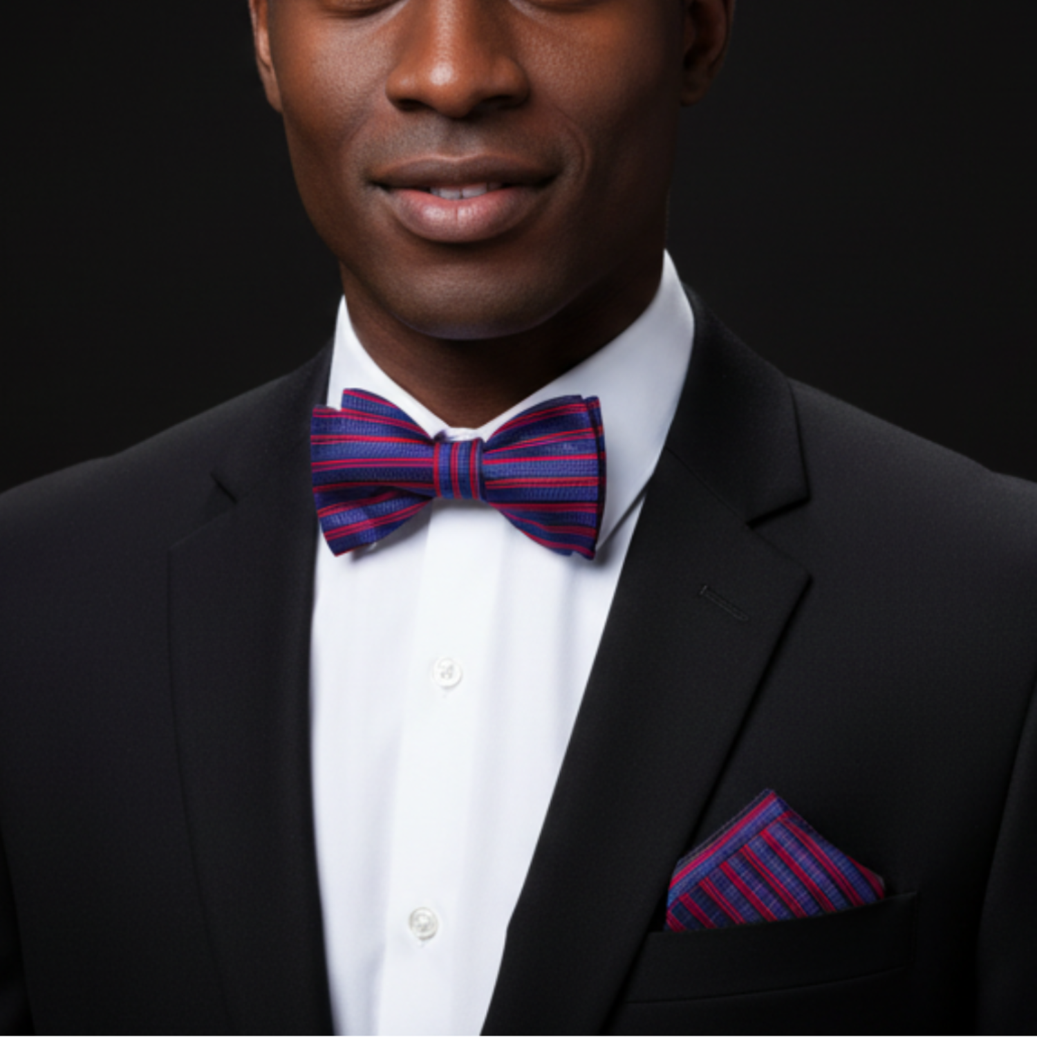 Man wearing a black suit with a red and blue striped bow tie and pocket square on a black background