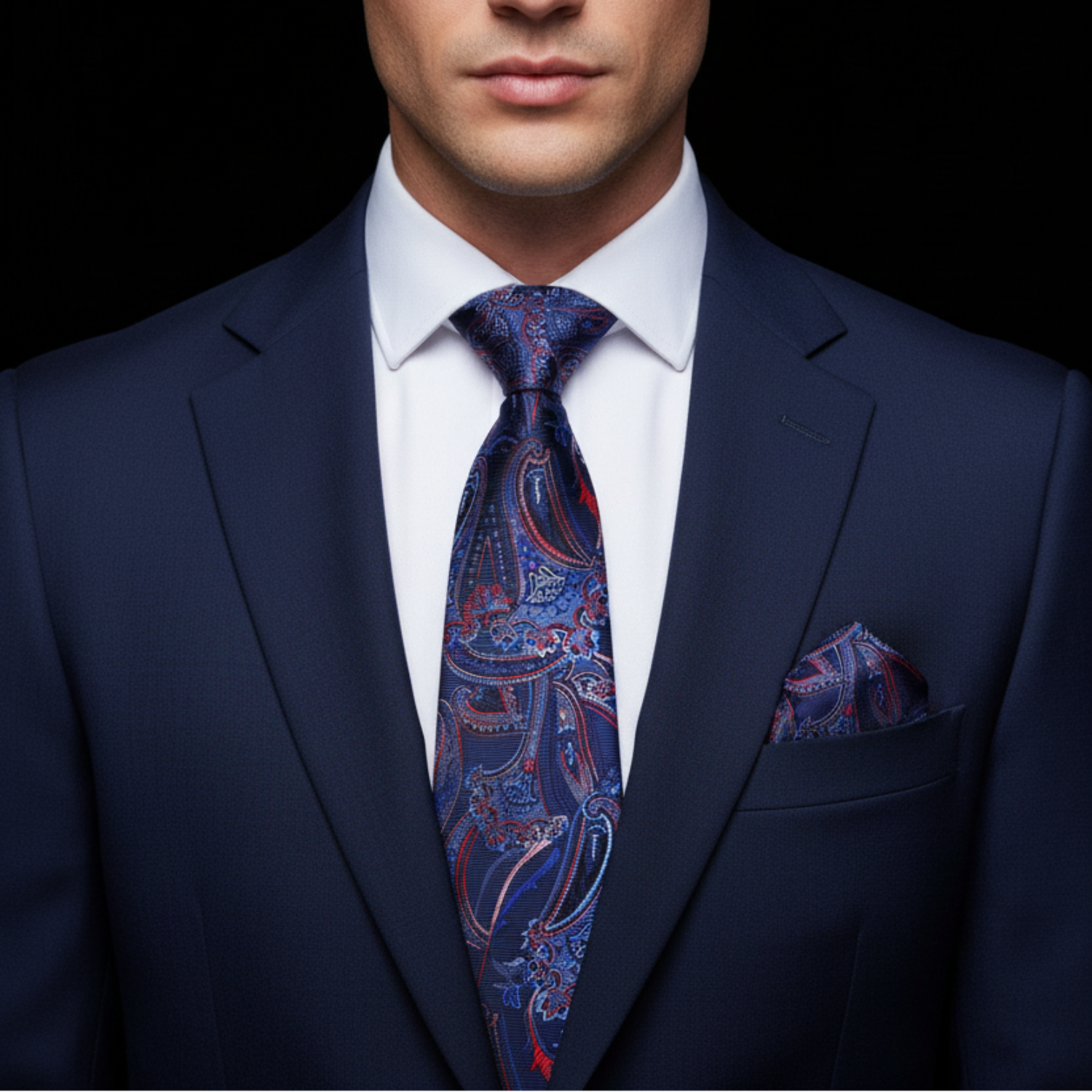 Man wearing a navy suit with a patterned tie and pocket square on a black background