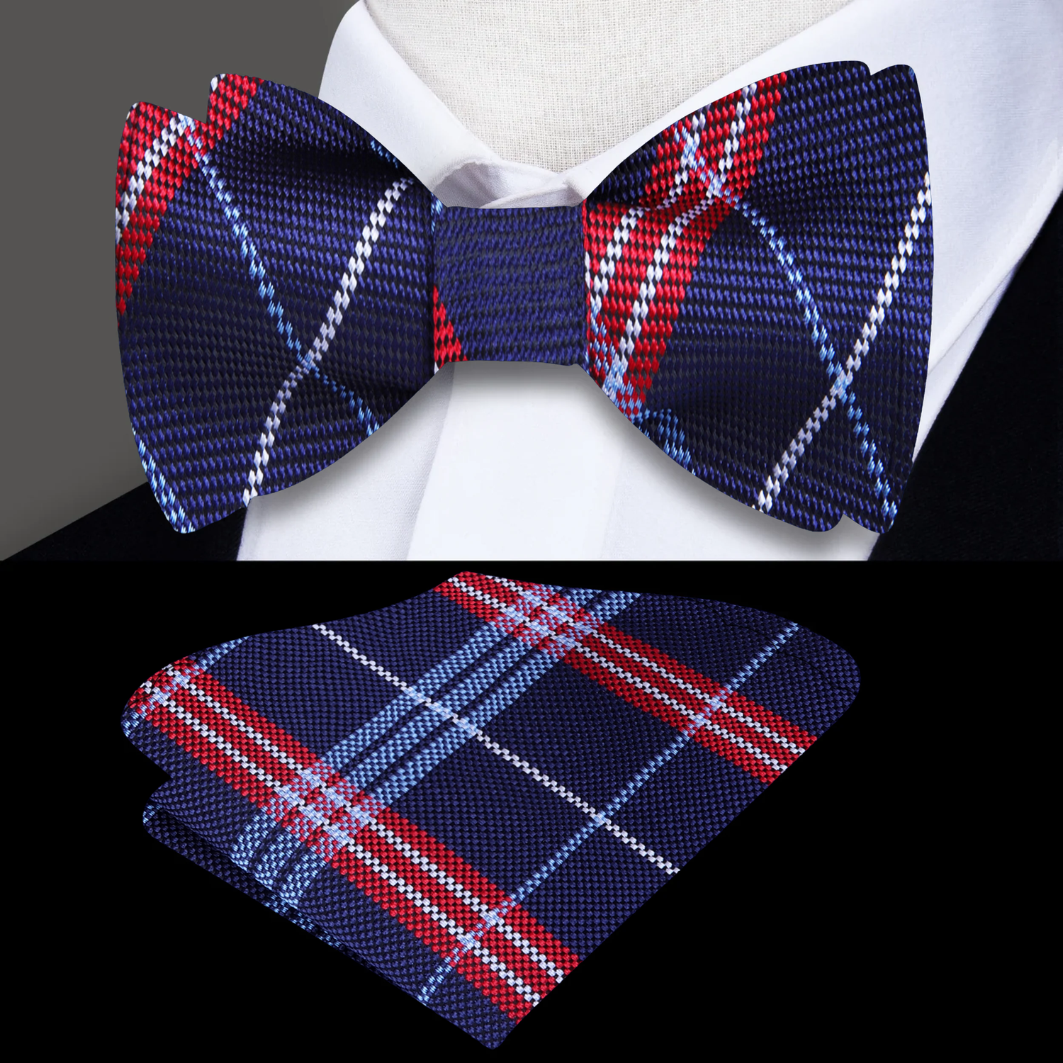 Main: A Blue, Red Plaid Pattern Silk Self Tie Bow Tie, Matching Pocket Square