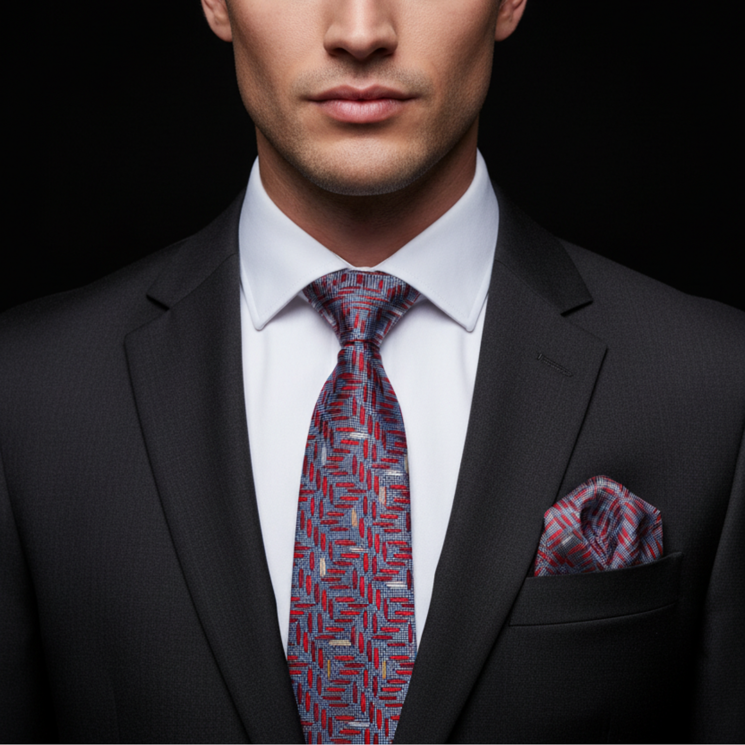 Man wearing a black suit with a patterned tie and pocket square on a dark background