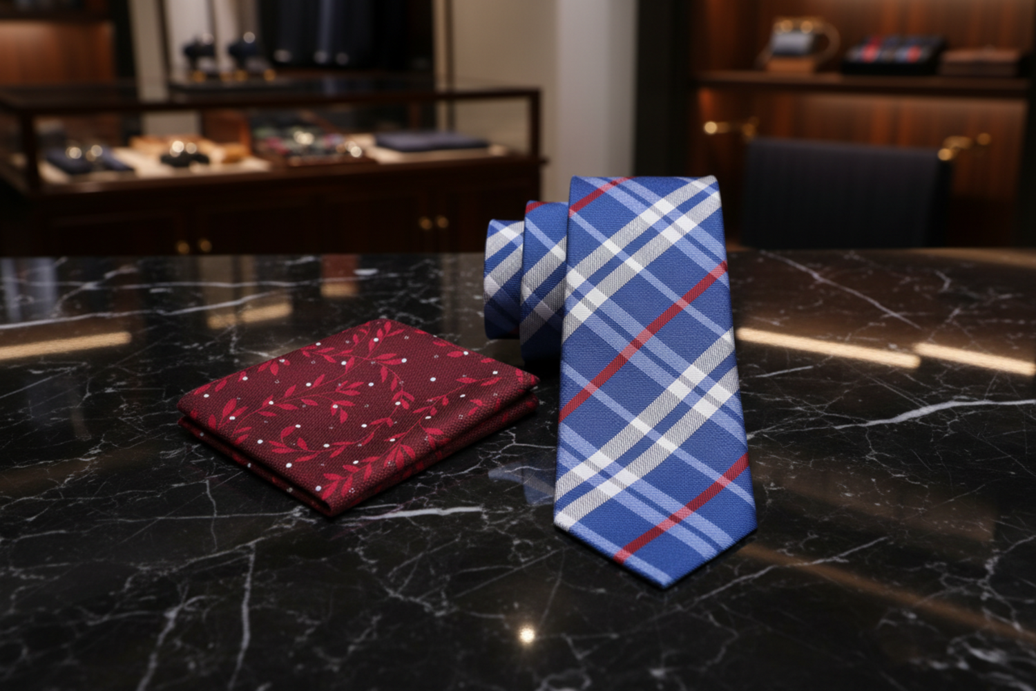 Alt View: Blue White Red Plaid Tie and Accenting Square