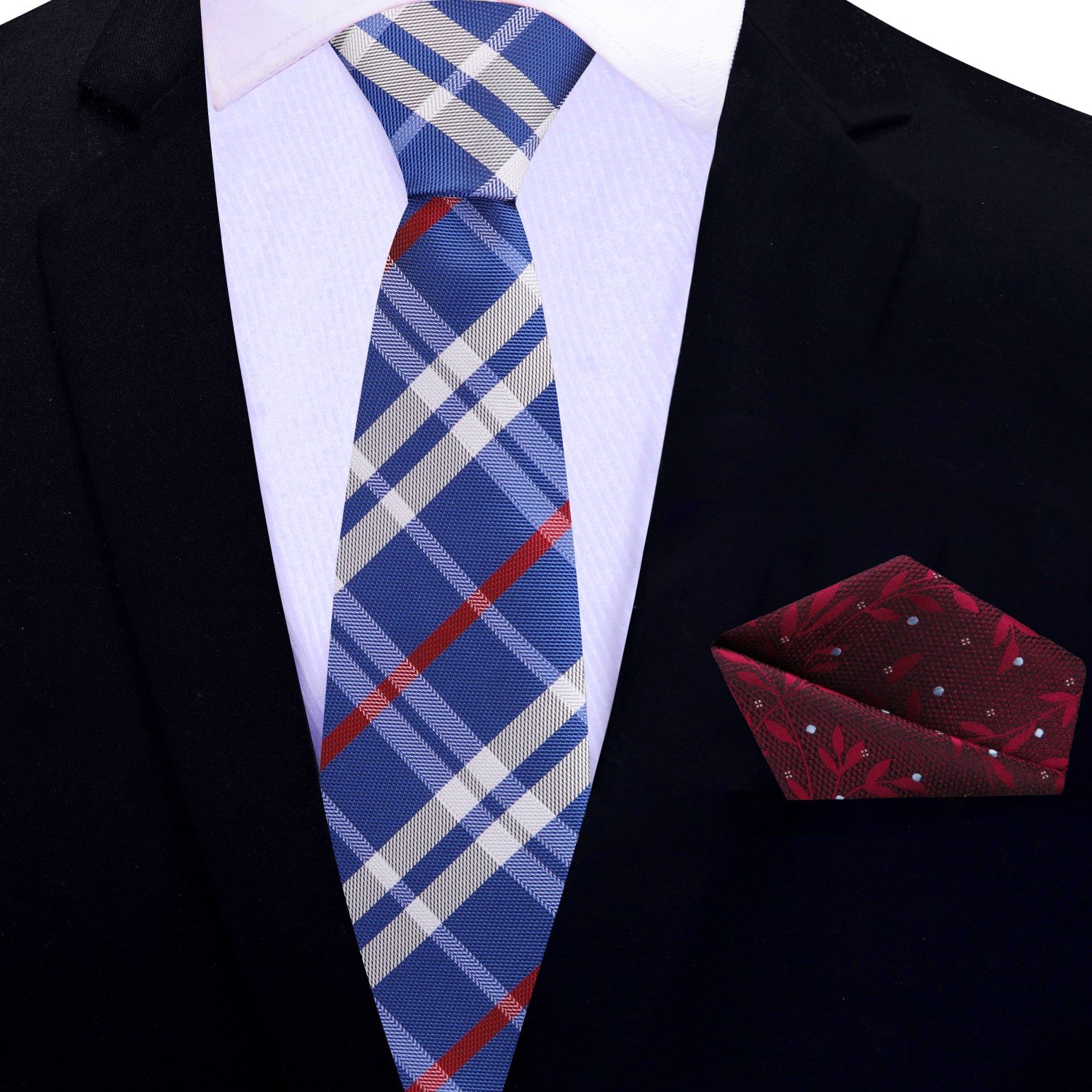 Thin: Blue White Red Plaid Tie and Accenting Square